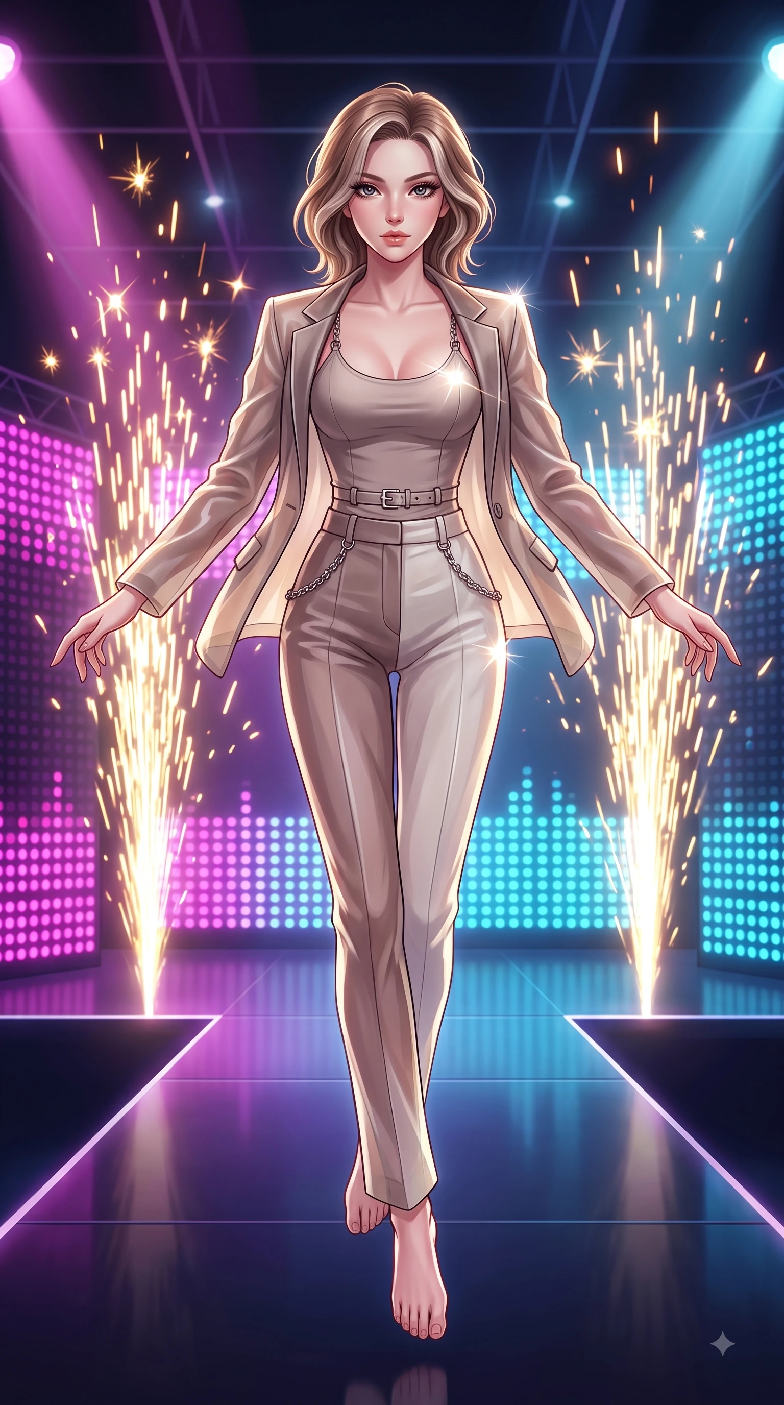 score_9, masterpiece, best quality, ultra-detailed, high-budget anime keyframe, editorial fashion photography, tasteful artistic composition, Caucasian woman. low angle full-body shot from head to toe showing her feet, filling the entire 9:16 vertical frame with her statuesque presence, stretching her vertical silhouette. leaping gracefully through mid-air with statuesque elegance, her impossibly long slender legs stretched in perfect balance while walking down a shiny dark stage catwalk under pulsing magenta and cyan LED arrays, metallic harness accents and chrome buckles catching sharp specular sunbursts. She has an absolutely perfect, statuesque 8.5-heads proportion, an exceptionally tall and slender model-like female figure with impossibly long slender legs and an ultra-slim waist. sharp v-shaped jawline, high-bridge nose, intricate jewel-like eyes with depth, thick eyelashes, glossy lips with a natural sheen, flawlessly proportioned anatomical accuracy, natural body alignment, perfectly sculpted elegant limbs, clean dynamic posture without body distortion. wearing a tailored silk blazer over a form-contouring scoop-neck top and slacks in muted taupe and soft ivory, woven from fine semi-opaque sheer organza, adorned with delicate metallic chain straps along the neckline, the form-contouring material highlighting her ultra-slim waist and long lines. illuminated by golden spark explosions and high-contrast concert lighting. highly saturated vibrant anime colors, detailed shading with soft gradients, rich glossy textures, high-contrast stereoscopic depth, volumetric dynamic lighting, master piece, 9:16 ratio