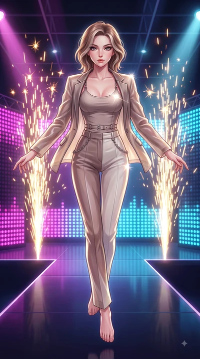 score_9, masterpiece, best quality, ultra-detailed, high-budget anime keyframe, editorial fashion photography, tasteful artistic composition, Caucasian woman. low angle full-body shot from head to toe showing her feet, filling the entire 9:16 vertica