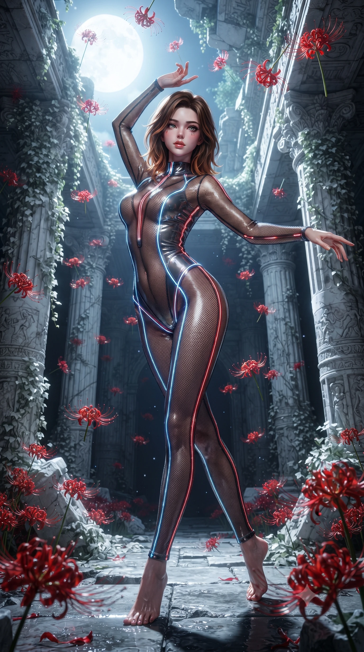 score_9, masterpiece, best quality, ultra-detailed, High-budget Anime Keyframe, editorial fashion photography, tasteful artistic composition, realistic cosplay photography, East Asian woman. Low angle cowboy shot filling the entire 9:16 frame with her statuesque presence. Scenario 266: dancing amidst falling red spider lilies inside a moonlit ancient temple with collapsing marble pillars and white ivy. Her presence is magnetic and overpowering in this high-budget cinematic scene. Outfit 266: a slim-fit micro-mesh lace dangerous with a sheer panels and glowing LED seams. The clothing is designed to emphasize her exceptionally tall and slender 8-heads proportion. 8-heads proportion, towering silhouette, ultra-slim waist. sharp v-shaped jawline, intricate jewel-like eyes with depth, thick eyelashes, glossy lips. ultra-reflective glossy finish, specular highlights, metallic sheen, high-contrast stereoscopic depth, volumetric dynamic lighting, 2k, ultra detail, master piece, 9:16 ratio