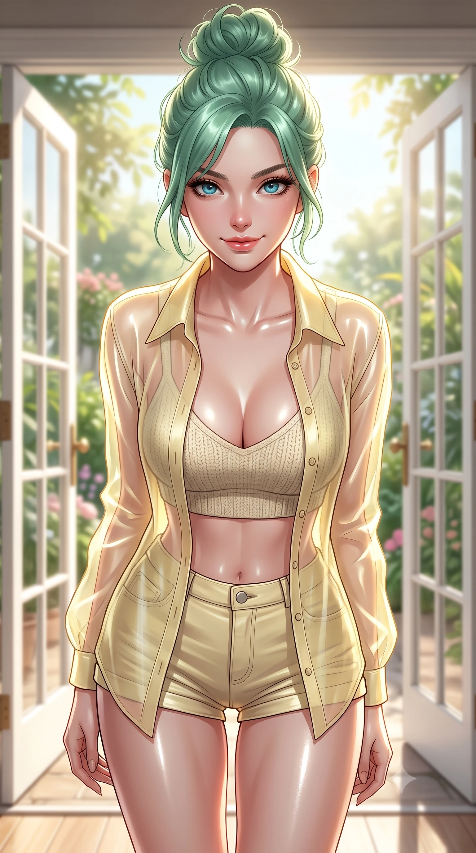 score_9, masterpiece, best quality, ultra-detailed, high-budget anime keyframe, editorial fashion photography, tasteful artistic composition, Japanese woman. close-up cowboy shot from the waist and thighs up, the character dominates the composition, filling the frame with her large presence, background elements kept in soft focus. leaning slightly forward with a playful, teasing smile, her gaze locked onto the viewer the background shows a soft-focus a private sun-drenched botanical patio with double glass doors opening to a garden. She has an exceptionally elegant, slender, and willowy female figure with an ultra-slim waist, a gracefully sculpted slender torso, and a refined silhouette. sharp v-shaped jawline, high-bridge nose, intricate jewel-like eyes with depth, thick eyelashes, glossy lips with a natural sheen. wearing a body-hugging sheer organza shirt in pale yellow worn open over a knit crop top and micro-shorts. bright afternoon sun rays illuminating the entire green space and her form. ultra-reflective glossy finish, specular highlights, metallic sheen, high-contrast stereoscopic depth, volumetric dynamic lighting, 2k, ultra detail, master piece, 9:16 ratio