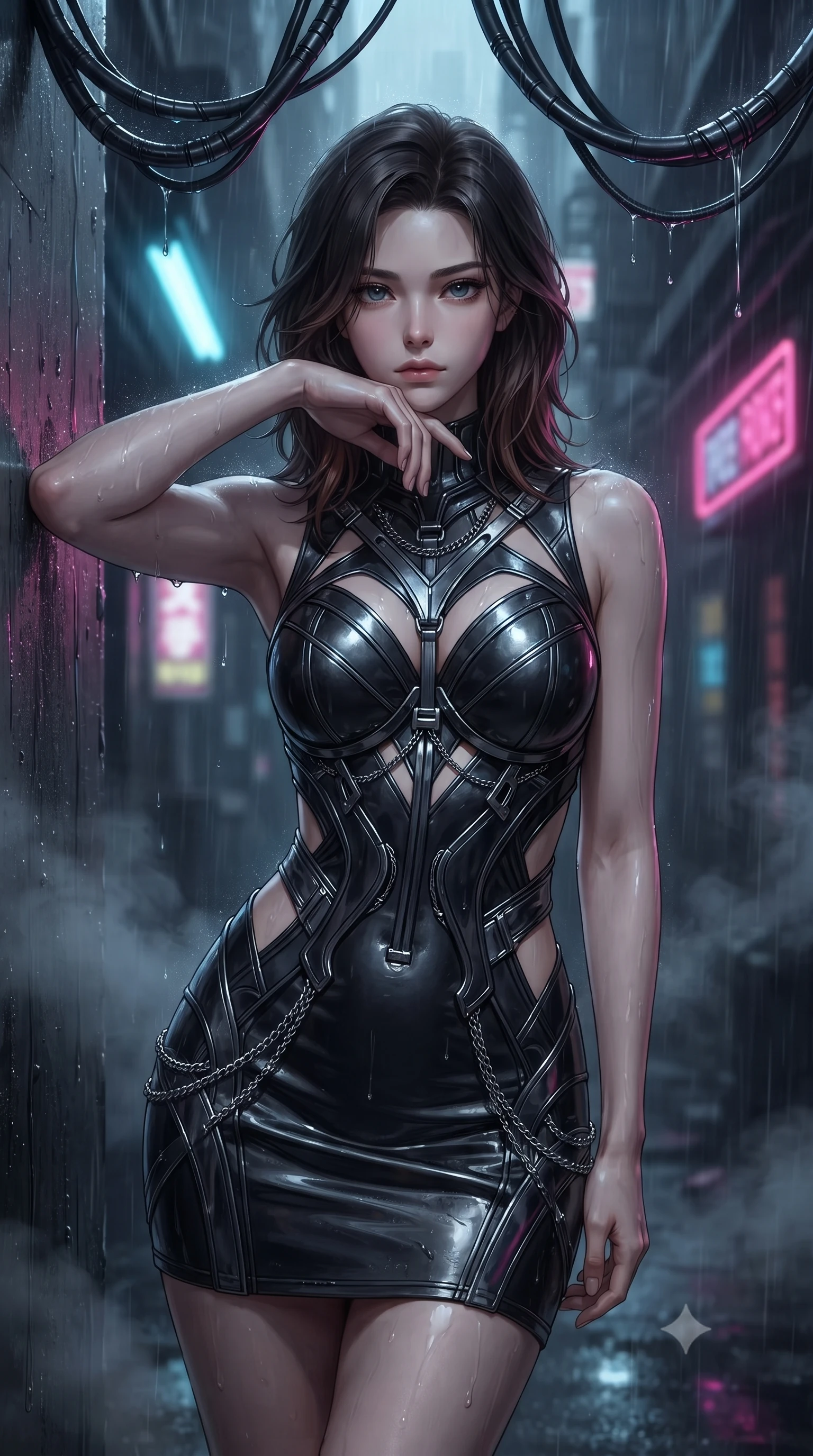 score_9, masterpiece, best quality, ultra-detailed, high-budget anime keyframe, editorial fashion photography, tasteful artistic composition, Korean woman. close-up cowboy shot from the waist and thighs up, the character dominates the composition, filling the frame with her large presence, background elements kept in soft focus. Resting her chin on the backs of her fingers with an air of effortless superiority, standing in a pitch-black high-tech cyber alleyway drenched in torrential rain, dark metallic cybernetic cables hanging ominously overhead. She has an exceptionally elegant, slender, and willowy female figure with an ultra-slim waist, a gracefully sculpted slender torso, and a refined silhouette. sharp v-shaped jawline, high-bridge nose, intricate jewel-like eyes with depth, thick eyelashes, glossy lips with a natural sheen. wearing architectural cut-out dark leather mini dress with sculpted metallic boning in obsidian black, made of sculpted obsidian metallic chrome, framed by dark titanium buckles and silver chain details, the fitted fabric emphasizing her ultra-slim waist. lit by sharp neon key light cutting through dense dark steam and rain. ultra-reflective glossy finish, specular highlights, metallic sheen, high-contrast stereoscopic depth, volumetric dynamic lighting, 2k, ultra detail, master piece, 9:16 ratio