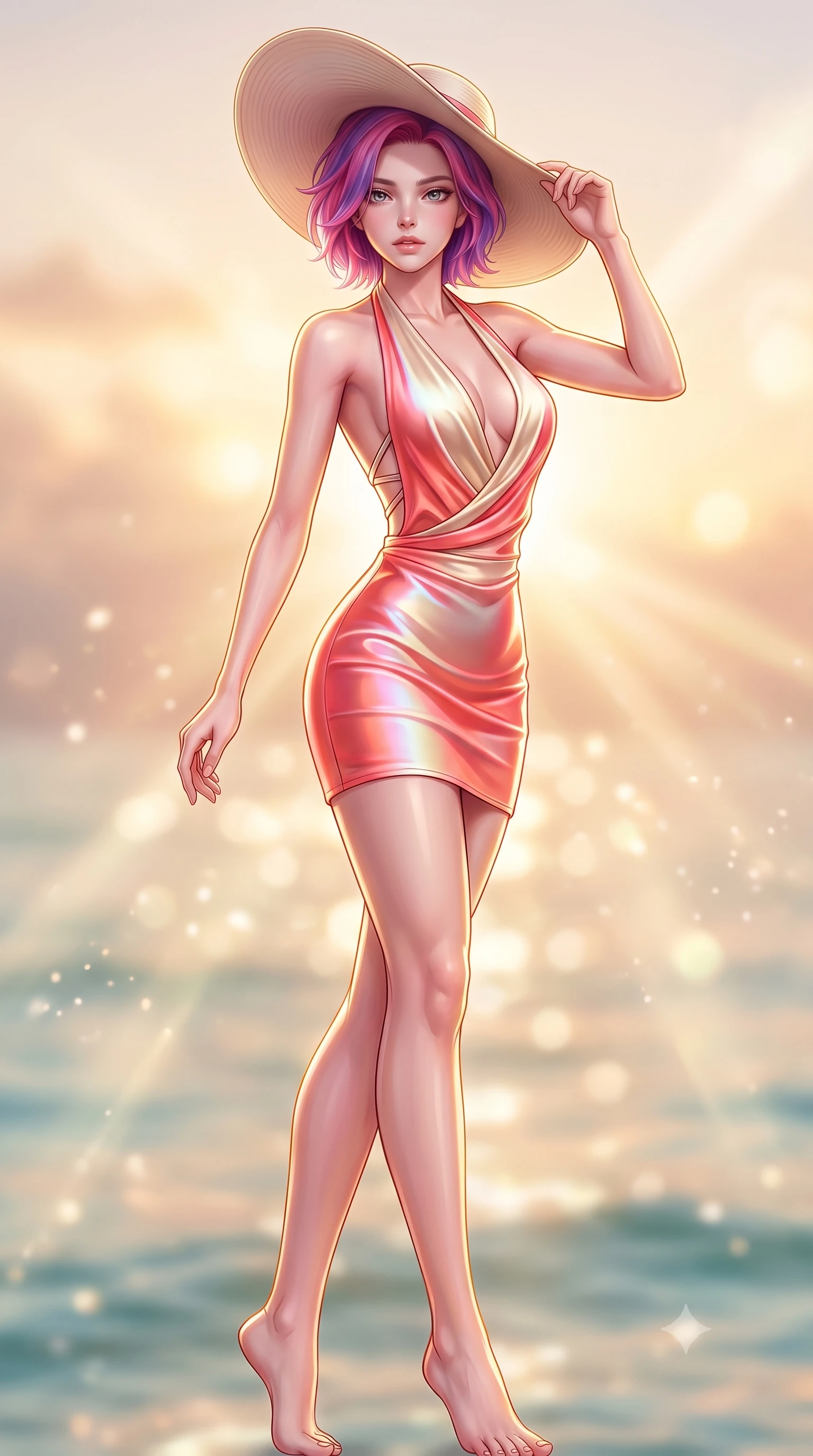 score_9, masterpiece, best quality, ultra-detailed, high-budget anime keyframe, semi-realistic 3D game render, editorial fashion photography, tasteful artistic composition, Caucasian woman. low angle full-body shot from head to toe showing her feet, filling the entire 9:16 vertical frame with her statuesque presence, stretching her vertical silhouette. pivoting dynamically in mid-motion with a breathtakingly alluring posture, displaying her flawless model proportions and ultra-slim waist while holding her sunhat lightly against a warm tropical ocean breeze while gazing into the camera with bedroom eyes. The composition keeps background elements in soft focus with creamy bokeh. warm tropical sunbeams refracting through sea spray into a soft, glowing backdrop. She has an absolutely perfect, statuesque 8.5-heads proportion, an exceptionally tall and slender model-like female figure with impossibly long slender legs, a toned flat midriff, and an ultra-slim waist. sharp v-shaped jawline, high-bridge nose, intricate jewel-like eyes with depth, thick eyelashes, glossy lips with a natural sheen, flawlessly proportioned anatomical accuracy, strict slender model proportions, natural body alignment, perfectly sculpted long slender limbs, ultra-slim waistline, clean dynamic posture without body distortion. wearing a form-contouring liquid satin halter-neck mini dress with a deep crossover cowl front, open back, and ultra-slender waist drape in radiant coral pink and champagne ivory, made of smooth iridescent silk chiffon that shifts colors with movement, complemented by criss-cross back straps highlighting her completely bare spine, the liquid-tight tailored fabric emphasizing every curve of her tall, slender model proportions and sculptured silhouette during dynamic movement. illuminated by pure sky radiance with crisp golden rim lights accentuating her silhouette. highly saturated vibrant anime colors, detailed shading with soft gradients, rich glossy textures, high-contrast stereoscopic depth, volumetric dynamic lighting, master piece, 9:16 ratio