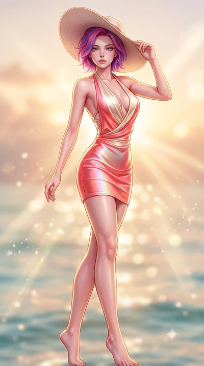 score_9, masterpiece, best quality, ultra-detailed, high-budget anime keyframe, semi-realistic 3D game render, editorial fashion photography, tasteful artistic composition, Caucasian woman. low angle full-body shot from head to toe showing her feet, 