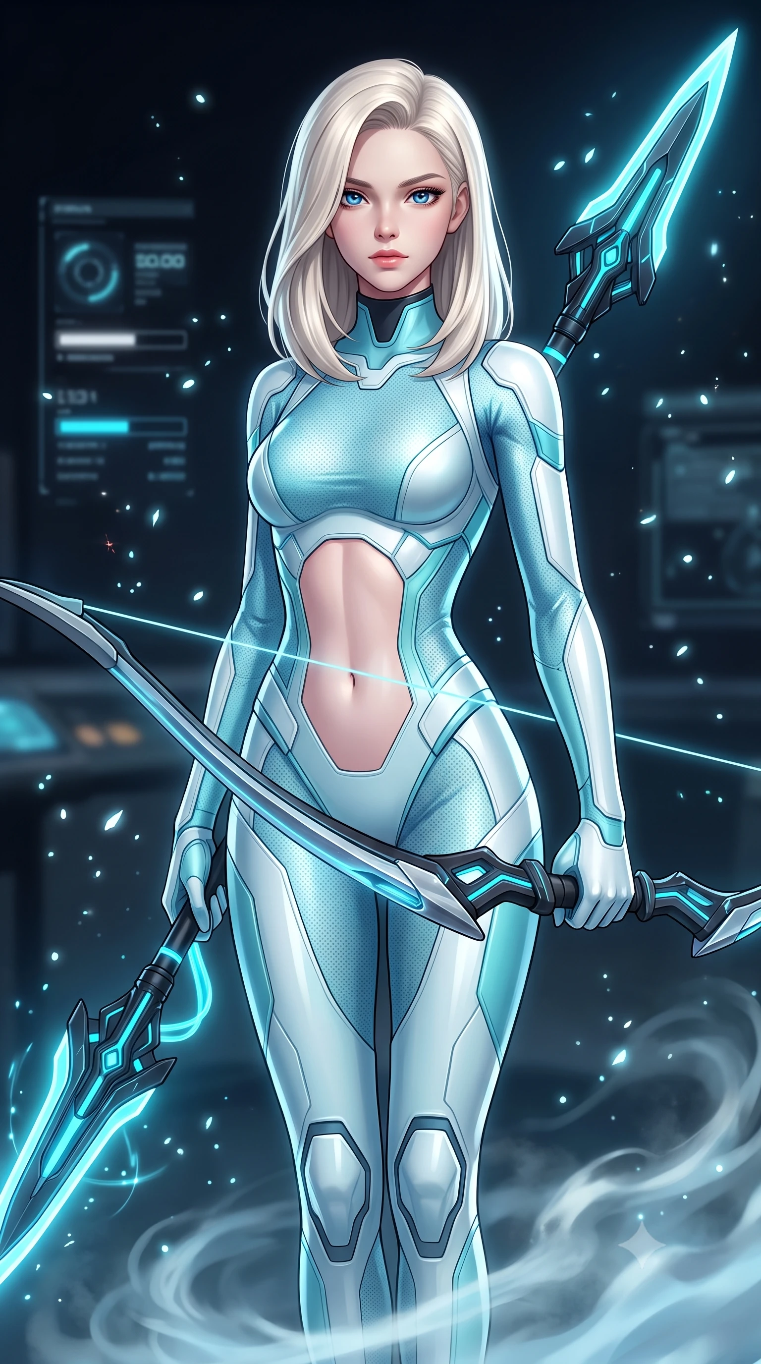 score_9, masterpiece, best quality, ultra-detailed, high-budget anime keyframe, semi-realistic 3D game render, editorial fashion photography, tasteful artistic composition, Caucasian woman. close-up cowboy shot from the waist and thighs up, the character dominates the composition, filling the frame with her large presence. gazing forward with divine sovereign poise, captivating jewel-like eyes shining with transcendent focus while holding her weapon with effortless mastery while resting her holographic bow with calm sovereign authority as swirling coolant mist flows around her slender ankles. The composition keeps background elements in soft focus with creamy bokeh. sparkling photon arrow particles scattering soft glowing light motes across a dark technological backdrop. She has an exceptionally elegant, slender, and willowy female figure with an ultra-slim waist, a gracefully sculpted slender torso, toned flat midriff, and a refined slim silhouette. sharp v-shaped jawline, high-bridge nose, intricate jewel-like eyes with depth, thick eyelashes, glossy lips with a natural sheen, flawlessly proportioned anatomical accuracy, strict slender model proportions, natural body alignment, perfectly sculpted long slender limbs, ultra-slim waistline, clean dynamic posture without body distortion. wearing an ultra-sleek glacial-cyan and white carbon-mesh combat bodysuit with frost-resistant plating, holding a glowing high-frequency cryo-energy spear with commanding poise in matte obsidian carbon black with electric cyan conduits, made of lightweight aerodynamic carbon-titanium alloy with polished edge bevels, reinforced by a sleek titanium tactical harness and glowing micro-energy straps, the form-contouring material adhering flawlessly to her sculpted flat midriff and slender torso, emphasizing her long leg lines and perfectly proportioned willowy build. surrounded by a sacred, mystical, and breathtakingly powerful high-tech archer goddess atmosphere. rich saturated anime colors with glowing neon highlights, detailed shading with soft gradients, rich glossy textures, high-contrast stereoscopic depth, volumetric dynamic lighting, master piece, 9:16 ratio