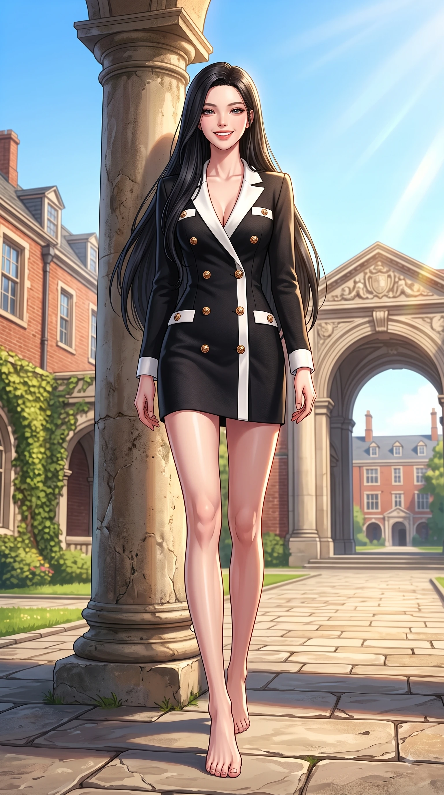 score_9, masterpiece, best quality, ultra-detailed, high-budget anime keyframe, editorial fashion photography, tasteful artistic composition, Korean woman. low angle full-body shot from head to toe showing her feet, filling the entire 9:16 vertical frame with her statuesque presence, stretching her vertical silhouette. walking forward in a proud dynamic stride with a cheerful beaming smile, her vertical silhouette filling the frame while leaning against an antique stone pillar in a sun-drenched university quadrangle. The surrounding environment is rendered in vivid detail and crisp panoramic clarity. classic red-brick campus architecture, ivy-covered stone walls, and grand archways captured in deep focus. She has an absolutely perfect, statuesque 8.5-heads proportion, an exceptionally tall and slender model-like female figure with impossibly long slender legs and an ultra-slim waist. sharp v-shaped jawline, high-bridge nose, intricate jewel-like eyes with depth, thick eyelashes, glossy lips with a natural sheen, flawlessly proportioned anatomical accuracy, natural body alignment, perfectly sculpted elegant limbs, clean dynamic posture without body distortion. wearing a sleek double-breasted blazer dress with gold button accents in sleek jet black and pure white contrast, knitted from soft cozy cashmere yarn, accented with a Tasteful chest slit framing her clavicle gracefully, the tailored fabric tightly following every curve of her athletic build. illuminated by warm golden sunbursts and bright clear sky refractions. highly saturated vibrant anime colors, detailed shading with soft gradients, rich glossy textures, high-contrast stereoscopic depth, volumetric dynamic lighting, master piece, 9:16 ratio