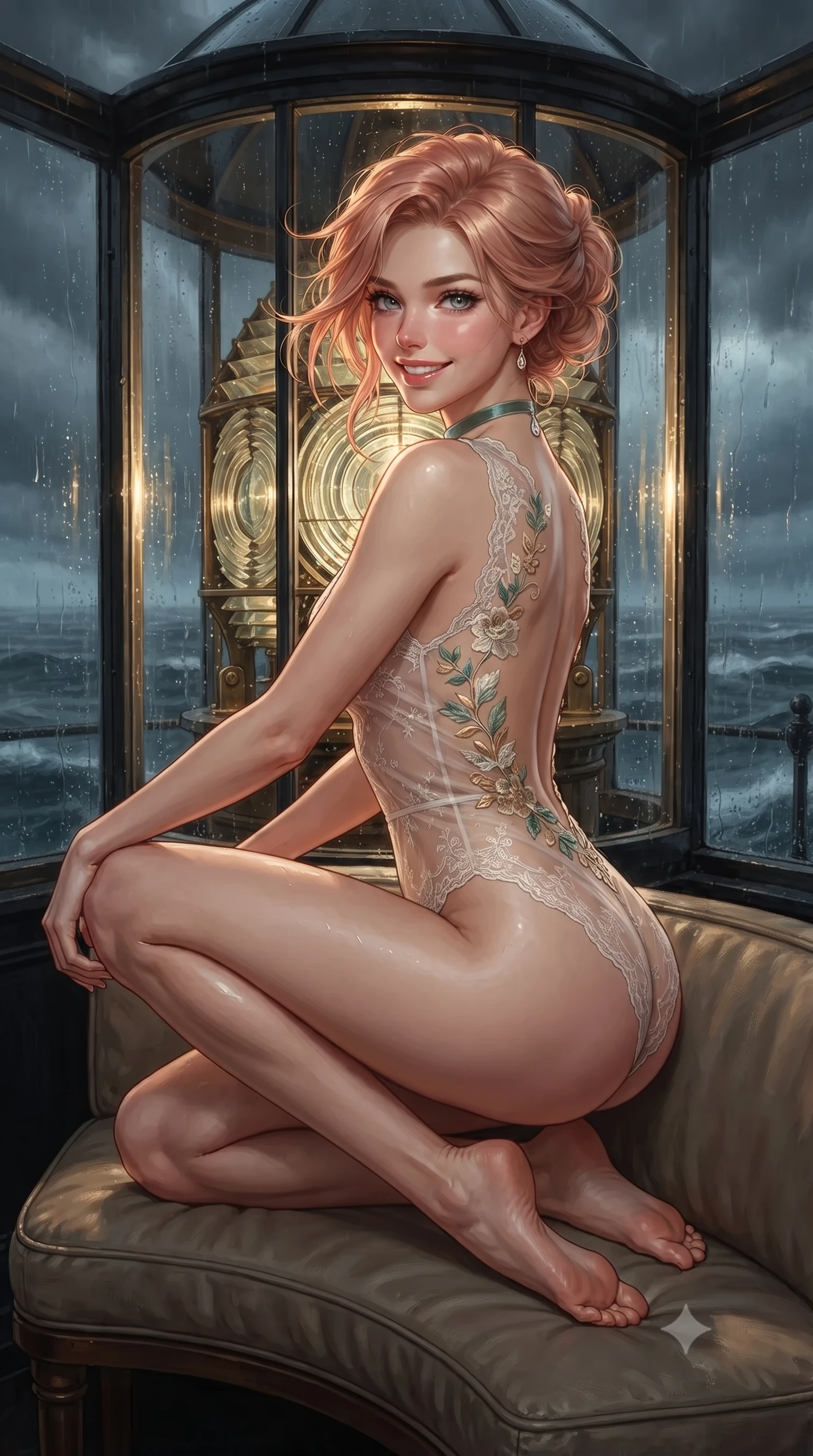 score_9, masterpiece, best quality, ultra-detailed, high-budget anime keyframe, editorial fashion photography, tasteful artistic composition, Japanese woman. close-up cowboy shot from the waist and thighs up, the character dominates the composition, filling the frame with her large presence. perched sideways on the lounge seat, one knee drawn up to showcase her slender leg line while her arched back accentuates her feminine hip curve while standing poised inside the circular glass lantern room atop the historic granite lighthouse, arching her lower back with fierce diva charisma as Atlantic gale winds buffet the tower. The surrounding environment is rendered in vivid detail and crisp panoramic clarity: detailed outfit silhouette, wet cling or bodycon lines, and monumental maritime engineering in high resolution. She has an exceptionally elegant, slender, and willowy female figure with an ultra-slim waist, flat toned midriff, narrow ribcage, and sculpted feminine hips creating an alluring, slim hourglass silhouette without bulk. sharp v-shaped jawline, high-bridge nose, intricate jewel-like sparkling eyes with depth, thick eyelashes, glossy parted lips with a natural peach sheen, bright cheerful beaming smile with an enchanting and coquettish sensual glint, exuding both youthful cute charm and seductive allure, flawlessly proportioned anatomical accuracy, strict slender model proportions, natural body alignment, perfectly sculpted long slender limbs, ultra-slim waistline, clean dynamic posture without body distortion. wearing an alluring backless sheer lace leotard with high-cut leg openings and delicate floral embroidery framing her spine in Tulum jungle agave sage and copal resin gold, made of delicate semi-sheer French Chantilly lace with intricate eyelash edges, finished with a thin velvet ribbon choker and a single teardrop diamond pendant, the second-skin tailored fabric adhering flawlessly to her sculpted flat midriff and slender torso, emphasizing her long leg lines and perfectly proportioned willowy build. illuminated by curved glass reflection bounce and sharp platinum-gold rim lights defining her dewy collarbones, ultra-slim waist, and curvy hips. ultra-reflective glossy finish, specular highlights, rich textural contrasts, high-contrast stereoscopic depth, volumetric dynamic lighting, 2k, ultra detail, master piece, 9:16 ratio