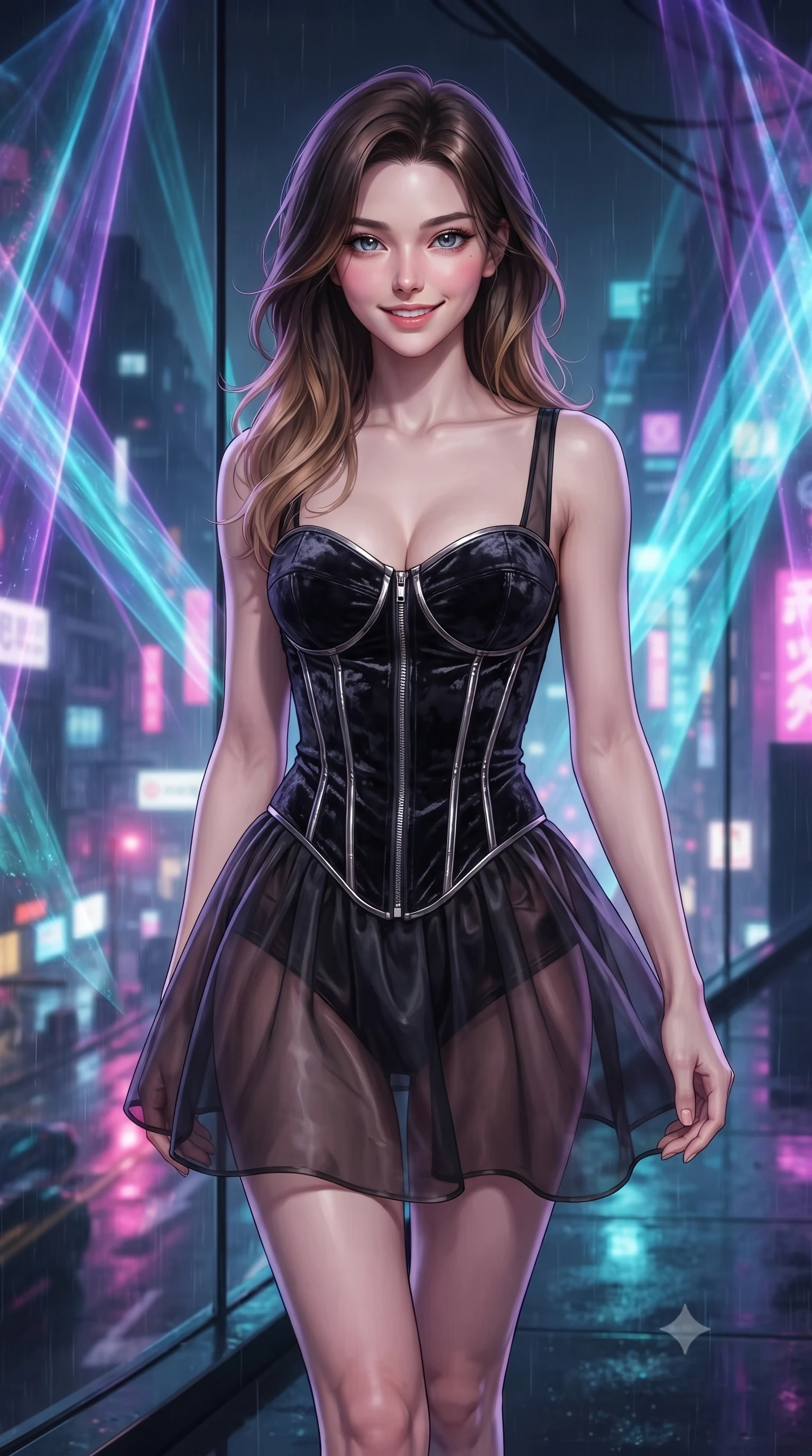 score_9, masterpiece, best quality, ultra-detailed, high-budget anime keyframe, editorial fashion photography, tasteful artistic composition, Korean woman. close-up cowboy shot from the waist and thighs up, the character dominates the composition, filling the frame with her large presence, background elements kept in soft focus. Smiling with quiet, magnetic self-assurance directly into the camera, walking past a panoramic glass wall looking out over a neon Cyber-Tokyo skyline, holographic silk tapestries projecting vibrant pastel light arcs around her. She has an exceptionally elegant, slender, and willowy female figure with an ultra-slim waist, a gracefully sculpted slender torso, and a refined silhouette. sharp v-shaped jawline, high-bridge nose, intricate jewel-like eyes with depth, thick eyelashes, glossy lips with a natural sheen. wearing translucent dark organza mini dress over structured black lace corset in pitch-black onyx, made of crushed dark silk velvet, finished with metallic silver boning and sleek zipper points, accentuating her gracefully sculpted slender torso. illuminated by dark violet and cyan holographic light rays against a black void. ultra-reflective glossy finish, specular highlights, metallic sheen, high-contrast stereoscopic depth, volumetric dynamic lighting, 2k, ultra detail, master piece, 9:16 ratio
