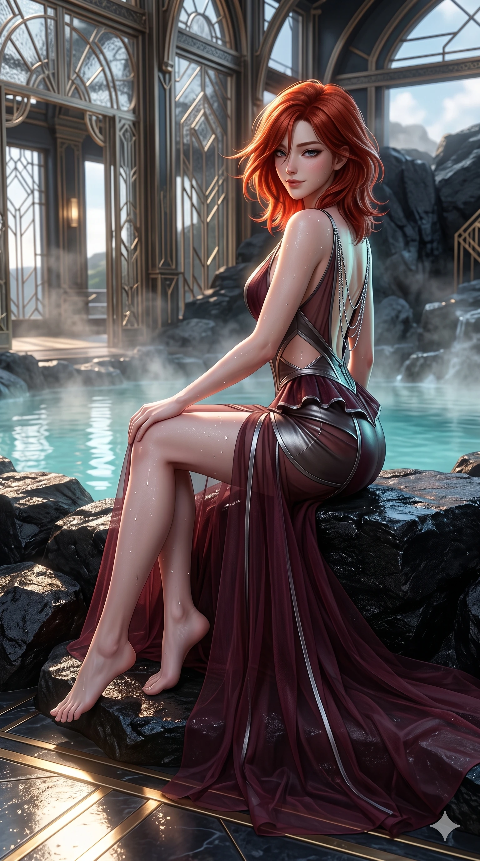 score_9, masterpiece, best quality, ultra-detailed, high-budget anime keyframe, semi-realistic 3D game render, editorial fashion photography, tasteful artistic composition, Korean woman. low angle full-body shot from head to toe showing her feet, filling the entire 9:16 vertical frame with her statuesque presence, stretching her vertical silhouette. sitting on the black basalt rock rim of the steaming geothermal lagoon, water droplets beading on her flat midriff and curvy hips while turning slowly with an enchanting smoldering smile, her glossy hair tossing in the breeze as her hips angle gracefully in a captivating contrapposto. The surrounding environment is rendered in vivid detail and crisp panoramic clarity: detailed peplum corset gown tailoring, side-waist diamond cutouts, and opulent Art Deco interior in razor-sharp precision. She has an exceptionally tall and slender model-like 8.5-heads proportion, an ultra-slim waist, a flat toned midriff, narrow delicate ribcage, and beautifully sculpted feminine hips creating a graceful, slim hourglass silhouette without any bulky heaviness, with impossibly long slender legs. sharp v-shaped jawline, high-bridge nose, intricate jewel-like sparkling eyes with depth, thick eyelashes, glossy parted lips with a natural sheen, intensely captivating and seductive bedroom-eyes expression, exuding both youthful cute charm and sovereign luxury allure, flawlessly proportioned anatomical accuracy, strict slender model proportions, natural body alignment, perfectly sculpted long slender limbs, ultra-slim waistline, clean dynamic posture without body distortion. wearing a plunge-front sheer illusion tulle slip dress with liquid platinum ribbon stripes hugging her curves in deep wine burgundy and brushed dark platinum, woven from buttery-soft stretch lambskin leather adhering to her body like a second skin, accented with an open-back drape framed by falling strands of delicate chrome chains, the precision-cut side openings and low-back scoop framing her graceful spine and the sensual sweep of her slim, toned hips. illuminated by floor reflections and sharp gold-cyan rim lights defining her razor-sharp jawline, narrow waist, and curvy hips. highly saturated vibrant anime colors, detailed shading with soft gradients, rich glossy textures, high-contrast stereoscopic depth, volumetric dynamic lighting, master piece, 9:16 ratio