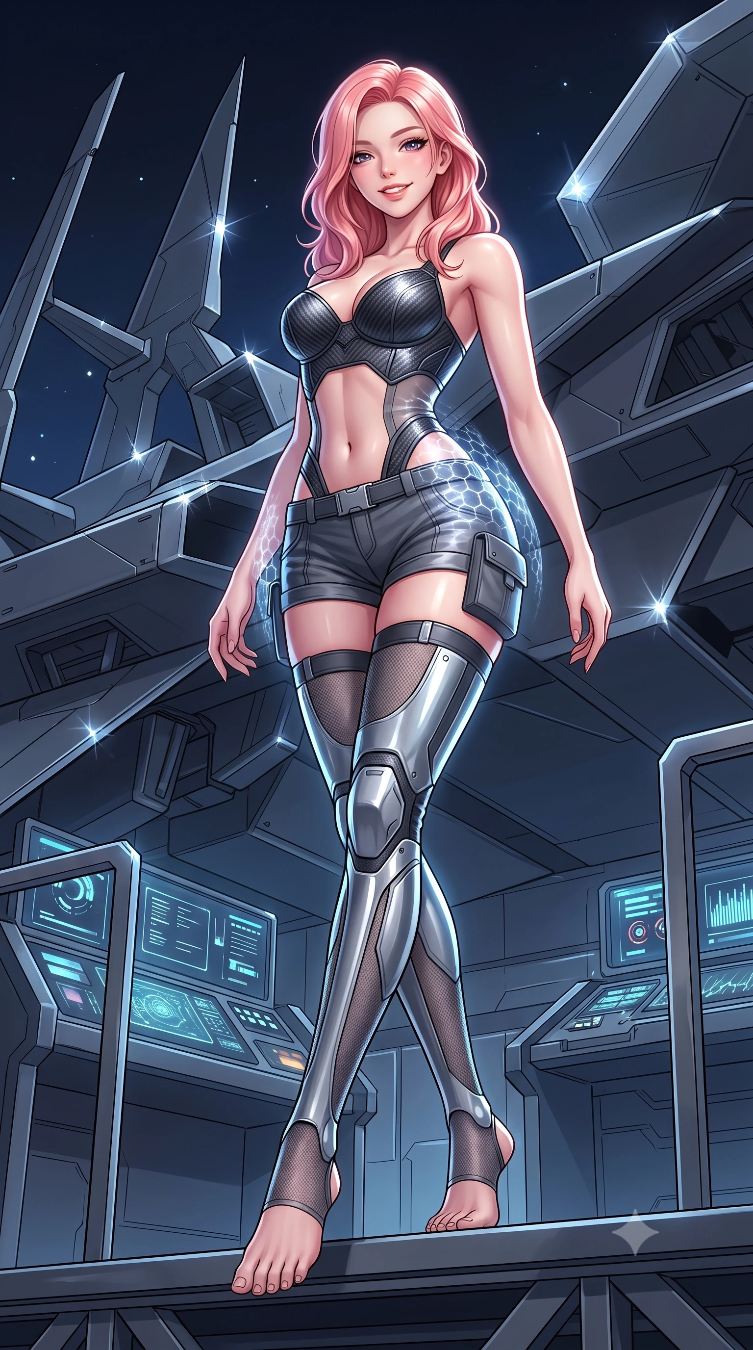score_9, masterpiece, best quality, ultra-detailed, high-budget anime keyframe, semi-realistic 3D game render, editorial fashion photography, tasteful artistic composition, Japanese woman. low angle full-body shot from head to toe showing her feet, filling the entire 9:16 vertical frame with her statuesque presence, stretching her vertical silhouette. sitting perched on the elevated maintenance gantry edge with legs crossed and hips angled toward the camera, displaying her toned midriff and long slender limbs with joyful, coquettish charm while twisting her slender torso in an alluring contrapposto stance, shimmering hexagonal cloaking waves rippling across her curvy hips and waist. The surrounding environment is rendered in vivid detail and crisp panoramic clarity: detailed stealth suit texture, starlight highlights on carbon plates, and stealth warship architecture in razor-sharp precision. She has an absolutely perfect, statuesque 8.5-heads proportion, an exceptionally tall and slender model-like female figure with impossibly long slender legs, an ultra-slim waist, a flat toned midriff, narrow delicate ribcage, and beautifully sculpted feminine hips creating a graceful, slim hourglass silhouette without any bulky heaviness. sharp v-shaped jawline, high-bridge nose, intricate jewel-like sparkling eyes with depth, thick eyelashes, glossy parted lips with a natural sheen, bright confident smile with an enchanting and coquettish sensual glint, exuding both youthful magnetic charm and sovereign high-tech allure, flawlessly proportioned anatomical accuracy, strict slender model proportions, natural body alignment, perfectly sculpted long slender limbs, ultra-slim waistline, clean dynamic posture without body distortion. wearing a sculpted carbon-fiber bustier armor top paired with ultra-tight tactical cargo shorts and thigh-high armored boots in reflective liquid mercury and matte phantom grey, crafted from sheer technical cyber-lace reinforced with ultra-thin Kevlar threads, finished with delicate carbon-fiber boning framing the narrow waistline, the high-waisted tailoring accentuating her ultra-slim waistline and the enchanting curve of her feminine hips with alluring dark charm. illuminated by active-camouflage iridescent shimmers and sharp silver rim lights sculpting her razor-sharp jawline, narrow waist, and curvy hips. highly saturated vibrant anime colors, detailed shading with soft gradients, rich glossy textures, high-contrast stereoscopic depth, volumetric dynamic lighting, master piece, 9:16 ratio