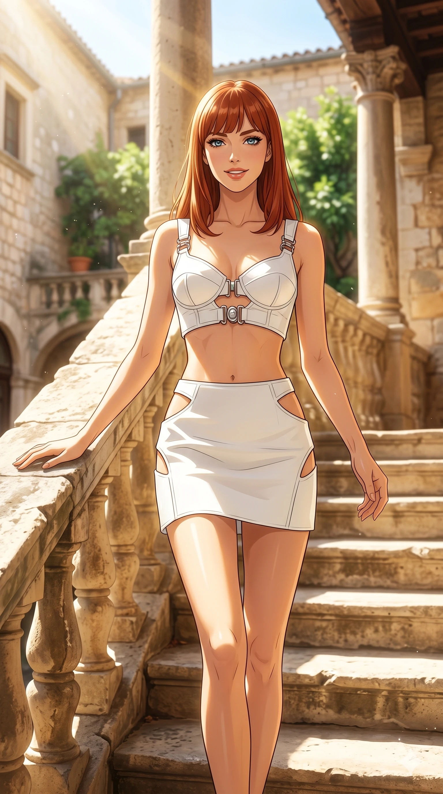 score_9, masterpiece, best quality, ultra-detailed, high-budget anime keyframe, editorial fashion photography, tasteful artistic composition, Caucasian woman, strictly human ears. cowboy shot from the thighs up, character and outfit filling the frame for maximum editorial presence. posing with bright, confident self-assurance, one hand on the stone railing standing on a stone staircase in a sunny historic courtyard. She has an absolutely perfect 8-heads proportion, an exceptionally tall and slender female figure with impossibly long slender legs and an ultra-slim waist. V-shaped jawline, high-bridge nose, intricate jewel-like eyes with depth, thick eyelashes, glossy lips with a natural sheen. wearing a structured white crop top with chrome hardware and a matching micro-length skirt with side cuts. drenched in brilliant midday sunshine casting sharp, warm rays on her figure. 2k, ultra detail, master piece, 9:16 ratio