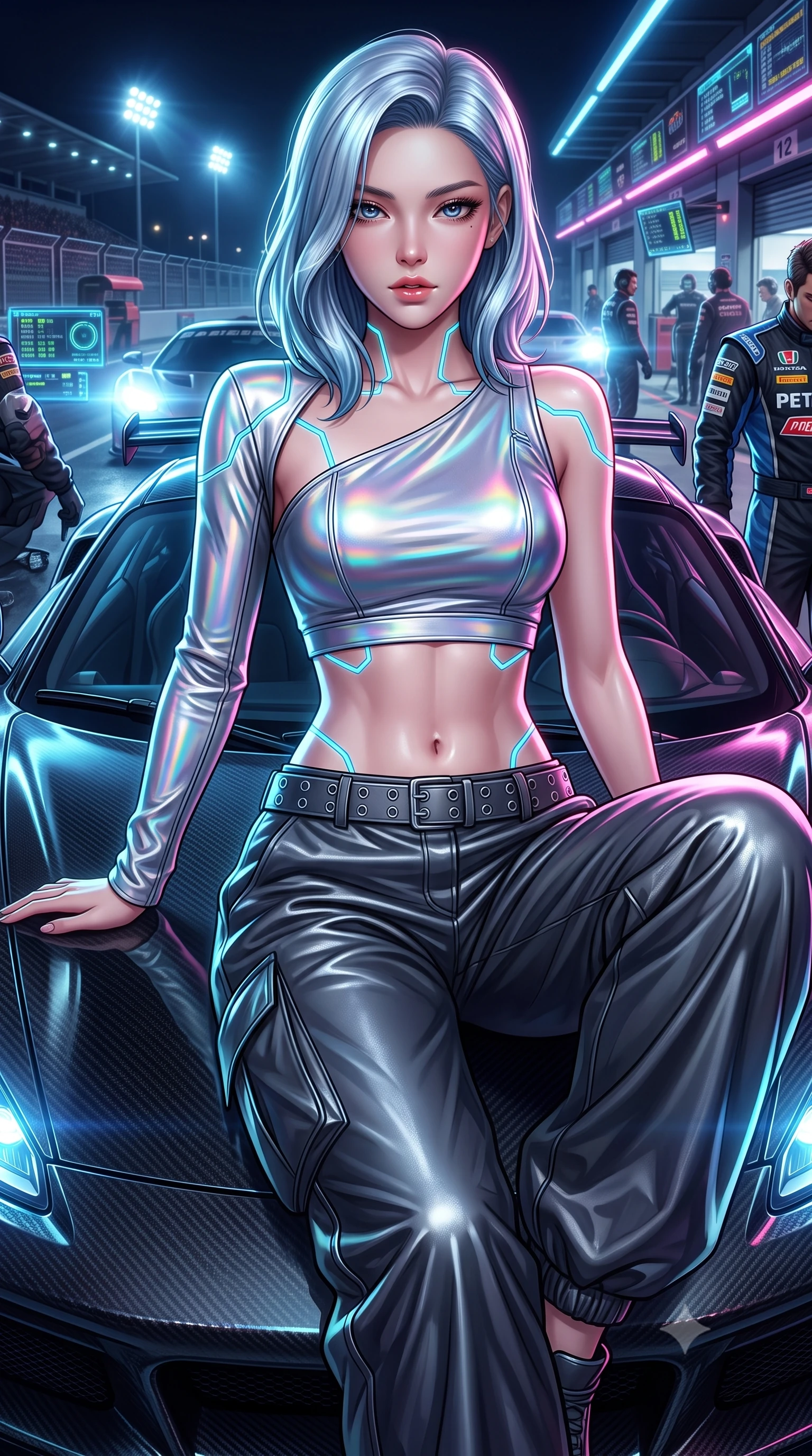 score_9, masterpiece, best quality, ultra-detailed, high-budget anime keyframe, semi-realistic 3D game render, editorial fashion photography, tasteful artistic composition, Korean woman. close-up cowboy shot from the waist and thighs up, the character dominates the composition, filling the frame with her large presence. leaning back with relaxed seductive grace, her sculpted collarbones highlighted by light, casting smoldering bedroom-eyes directly into the lens while sitting poised on the glossy carbon-fiber hood of a midnight hypercar, one leg extended and torso angled back with seductive confidence. The surrounding environment is rendered in vivid detail and crisp panoramic clarity. detailed leather racing suit sponsor patches, zipper teeth, and glowing telemetry HUD screens in high resolution. She has an exceptionally elegant, slender, and willowy female figure with an ultra-slim waist, a gracefully sculpted slender torso, toned flat midriff, and a refined slim silhouette. sharp v-shaped jawline, high-bridge nose, intricate jewel-like eyes with depth, thick eyelashes, glossy parted lips with a natural sheen, intensely captivating and seductive expression, flawlessly proportioned anatomical accuracy, strict slender model proportions, natural body alignment, perfectly sculpted long slender limbs, ultra-slim waistline, clean dynamic posture without body distortion. wearing an asymmetric single-sleeve moto crop top paired with baggy metallic parachute trousers and grommet belt in holographic silver prism and deep graphite, tailored from supple second-skin lambskin leather adhering to her curves, finished with glowing cyan circuit lines tracing her collarbones and shoulders, the sleek tactical cut tightly hugging her graceful clavicle, narrow waist, and athletic curves with statuesque precision. bathed in high-intensity xenon hypercar headlights and neon pitlane floodlights. highly saturated vibrant anime colors, detailed shading with soft gradients, rich glossy textures, high-contrast stereoscopic depth, volumetric dynamic lighting, master piece, 9:16 ratio