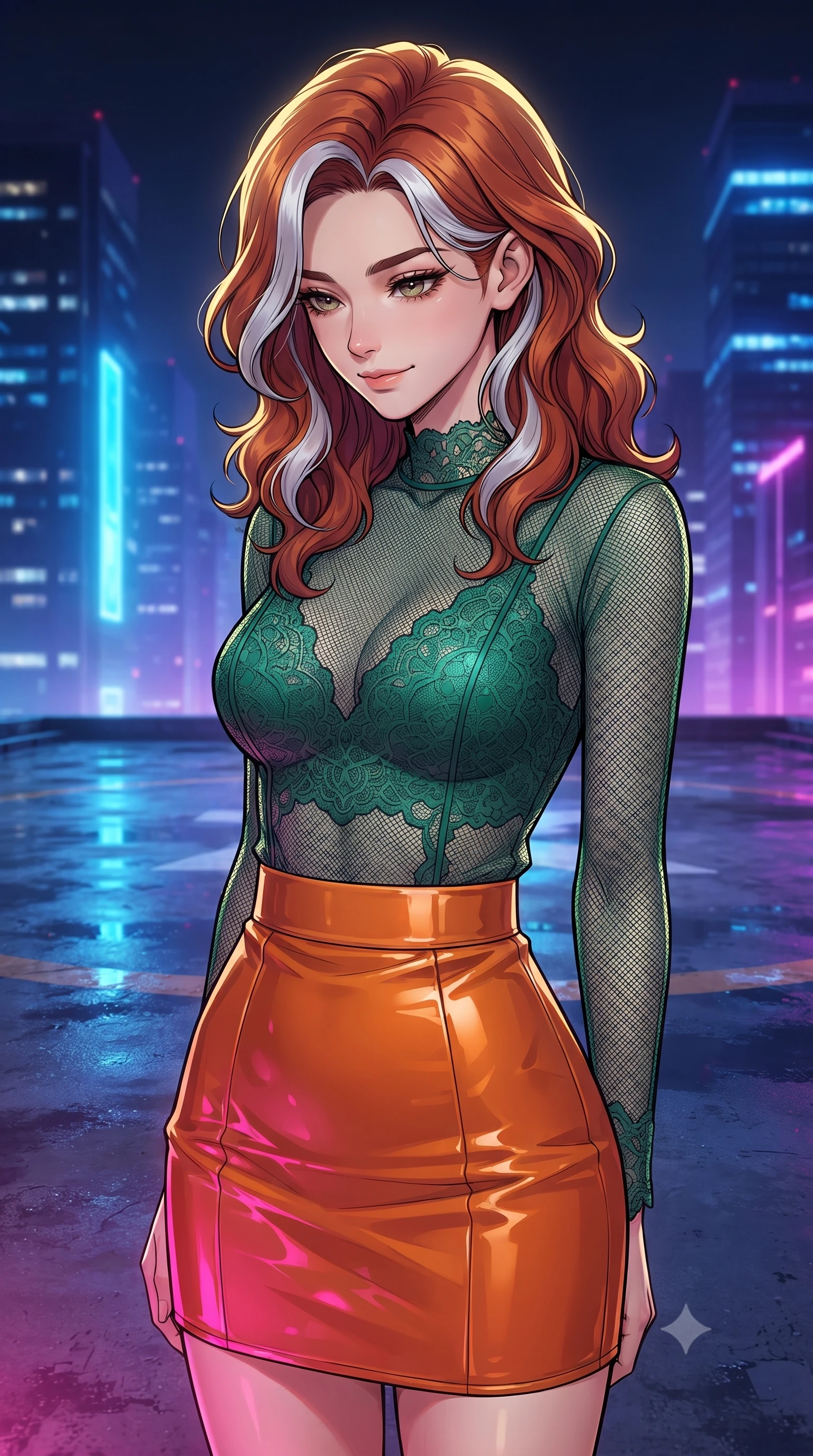 score_9, masterpiece, best quality, ultra-detailed, high-budget anime keyframe, editorial fashion photography, tasteful artistic composition, gorgeous anime illustration, with clean line-art, distinct ink outlines, and high-contrast stereoscopic depth, Caucasian woman, strictly human ears. close-up cowboy shot from the waist and thighs up, the character dominates the composition, filling the frame with her large presence, background elements kept in soft focus. Looking down with a gentle, thoughtful smile full of quiet warmth. set against a soft-focus background of on a high-rise building helipad at night, with wet concrete reflecting the vibrant blue and purple neon lights of surrounding skyscrapers. She has an exceptionally elegant, slender, and willowy female figure with a highly-defined ultra-slim waist, a gracefully sculpted slender torso, and a refined slim-fit silhouette that contours her form. sharp v-shaped jawline, high-bridge nose, intricate jewel-like eyes with depth, thick eyelashes, glossy lips with a natural sheen. wearing a see-through mesh top in emerald green with lace detailing, paired with a structured orange skirt in a high-gloss finish. dramatic contrast of hot pink furnace glow from below and cool golden light from above. 2k, ultra detail, master piece, 9:16 ratio, highly saturated vibrant anime colors, detailed cel-shading with soft gradients, rich glossy textures, deep contrast, volumetric dynamic lighting, 2d animation style