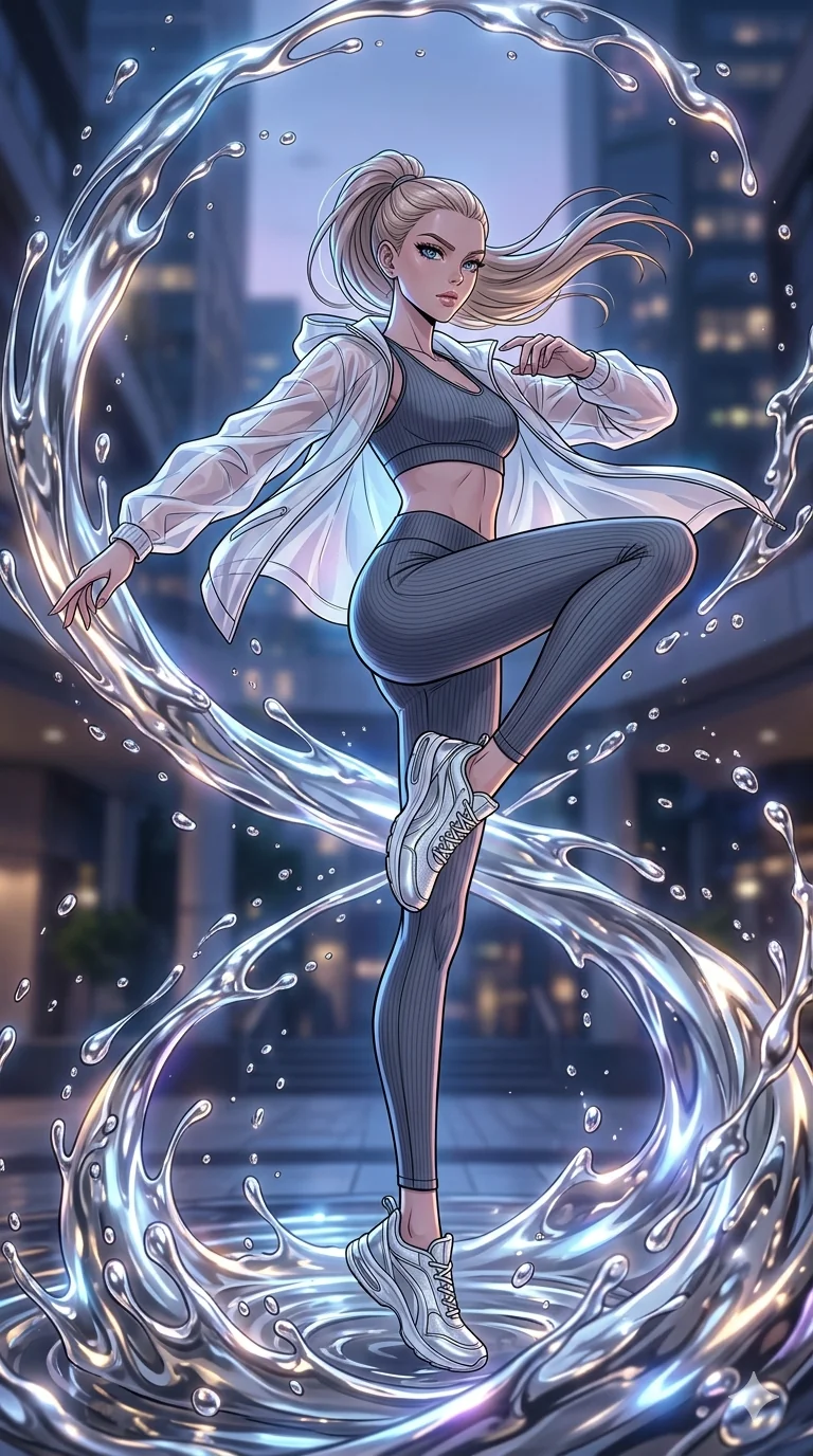 score_9, masterpiece, best quality, ultra-detailed, high-budget anime movie keyframe, cinematic anime lighting, intricate line art, Caucasian (strictly human ears) anime girl. Dynamic full-body shot stretching the vertical silhouette with extreme perspective. spinning in a fountain of liquid silver, droplets suspended in mid-air. She has an absolutely perfect 8-heads proportion, an exceptionally tall and slender female figure with an ultra-slim waist and impossibly long slender legs. strictly human anatomy, two legs only, no extra limbs, clearly defined legs and arms, perfect anatomy, perfect hands and fingers. sharp v-shaped jawline, high-bridge nose, intricate jewel-like eyes, thick eyelashes, glossy lips. Wearing Premium Athleisure: Ribbed sports bra and leggings set, sheer windbreaker, and sleek high-performance activewear. The scene is illuminated by dramatic atmospheric lighting and vibrant color palettes. , 2k, ultra detail, master piece, 9:16 ratio