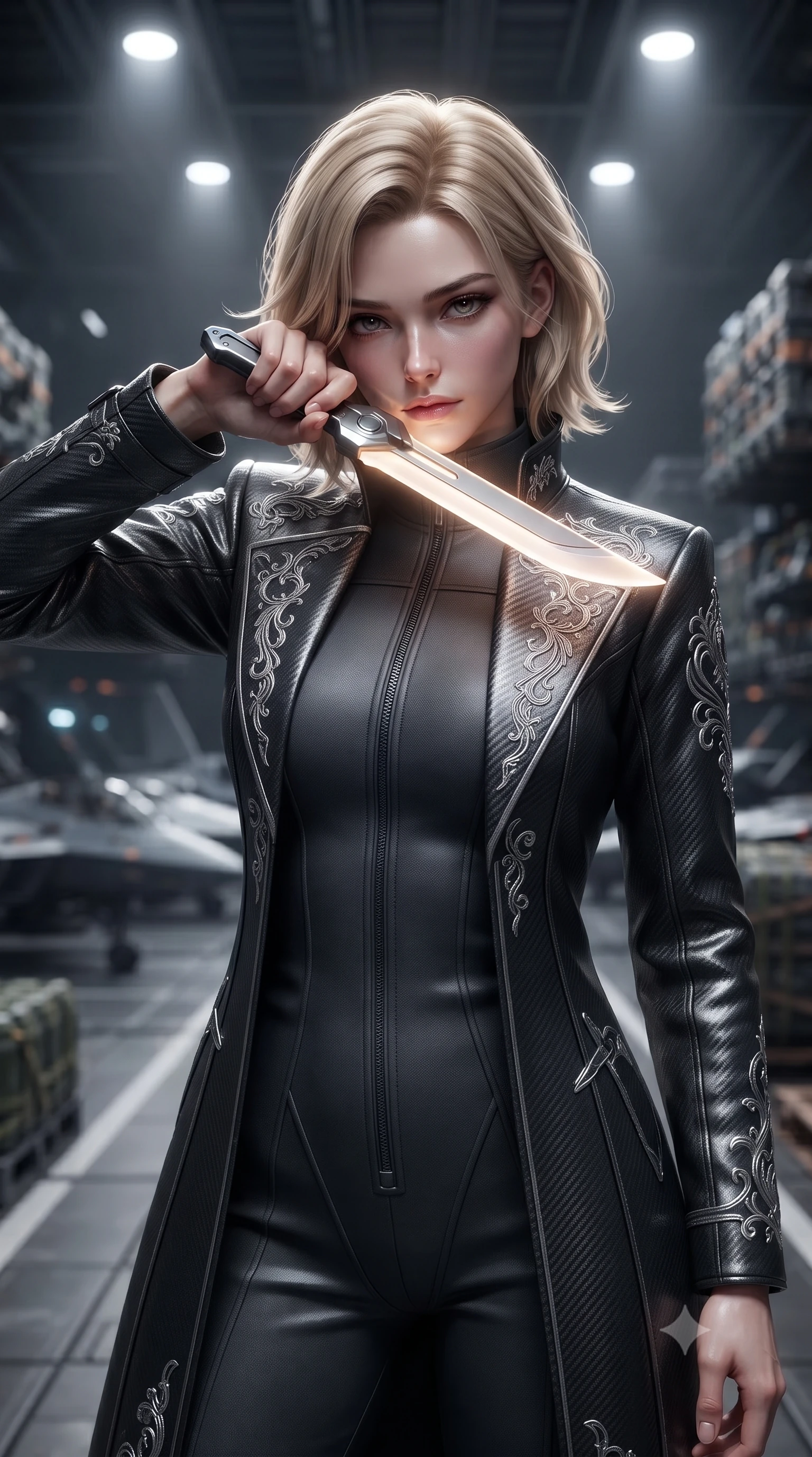 score_9, masterpiece, best quality, ultra-detailed, high-budget anime keyframe, editorial fashion photography, tasteful artistic composition, Caucasian woman. close-up cowboy shot from the waist and thighs up, the character dominates the composition, filling the frame with her large presence, background elements kept in soft focus. pressing the flat side of a glowing vibro-blade against her cheek, locking eyes with the viewer with bedroom-eyes, the background shows a soft-focus the hangar bay of a singularity cruiser with parked fighters and cargo racks. She has an exceptionally elegant, slender, and willowy female figure with an ultra-slim waist, a gracefully sculpted slender torso, and a refined silhouette. sharp v-shaped jawline, high-bridge nose, intricate jewel-like eyes with depth, thick eyelashes, glossy lips with a natural sheen. wearing a form-contouring carbon-fiber combat coat with silver embroidery, worn over a protective high-collar charcoal jumpsuit. focused overhead white spotlights highlighting the detailed metallic textures. ultra-reflective glossy finish, specular highlights, metallic sheen, high-contrast stereoscopic depth, volumetric dynamic lighting, 2k, ultra detail, master piece, 9:16 ratio