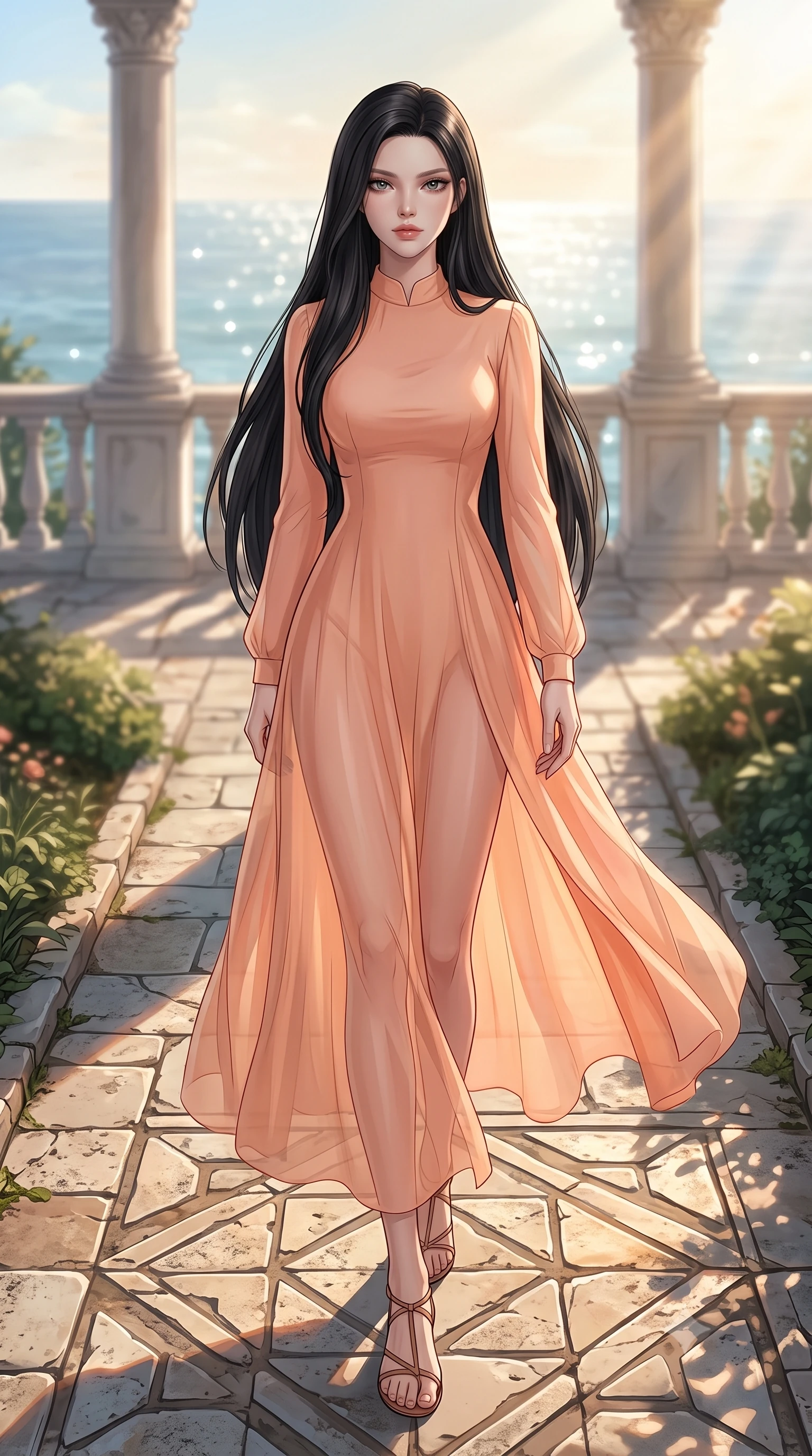 score_9, masterpiece, best quality, ultra-detailed, high-budget anime keyframe, editorial fashion photography, tasteful artistic composition, Korean woman woman. low angle full-body shot from head to toe showing her feet, filling the entire 9:16 vertical frame with her statuesque presence, stretching her vertical silhouette. stepping gracefully across a stone path in the garden the background shows a soft-focus a balcony with white stone pillars overlooking the sparkling Mediterranean sea. She has an absolutely perfect, statuesque 8.5-heads proportion, an exceptionally tall and slender model-like female figure with impossibly long slender legs and an ultra-slim waist. sharp v-shaped jawline, high-bridge nose, intricate jewel-like eyes with depth, thick eyelashes, glossy lips with a natural sheen. wearing a slim-fit flowy peach-colored chiffon maxi dress with long sleeves and a high collar. warm sunbeams tracing geometric patterns across the tiled floor. 2k, ultra detail, master piece, 9:16 ratio