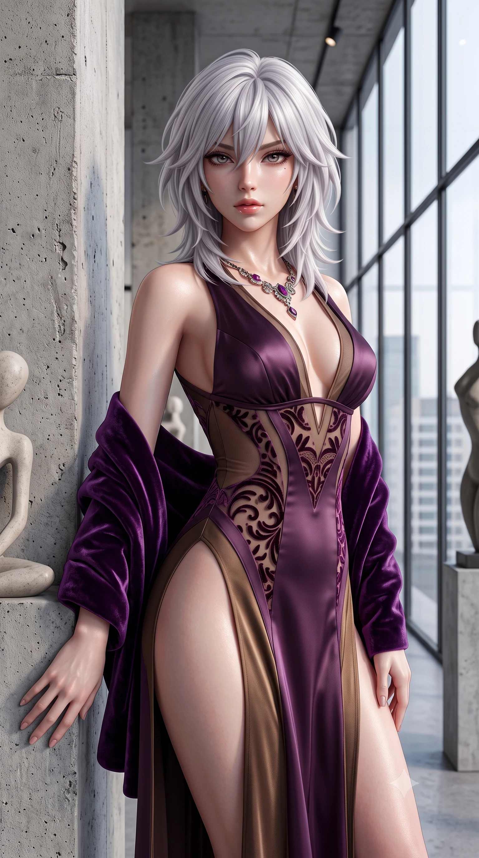 score_9, masterpiece, best quality, ultra-detailed, high-budget anime keyframe, semi-realistic 3D game render, editorial fashion photography, tasteful artistic composition, Japanese woman. close-up cowboy shot from the waist and thighs up, the character dominates the composition, filling the frame with her large presence. leaning back with relaxed seductive grace, her sculpted collarbones and narrow waist highlighted as she casts smoldering bedroom-eyes directly into the camera while standing poised beside a raw concrete interior column, twisting her slender torso in an alluring contrapposto stance beside minimalist abstract sculptures. The surrounding environment is rendered in vivid detail and crisp panoramic clarity. detailed tailored wool and silk dress texture, soft window light sheen on skin, and Bauhaus architectural grid in high clarity. She has an exceptionally elegant, slender, and willowy female figure with an ultra-slim waist, flat toned midriff, narrow ribcage, and sculpted feminine hips creating an alluring, slim hourglass silhouette without bulk. sharp v-shaped jawline, high-bridge nose, intricate jewel-like eyes with depth, thick eyelashes, glossy parted lips with a natural sheen, intensely captivating and seductive bedroom-eyes expression, flawlessly proportioned anatomical accuracy, strict slender model proportions, natural body alignment, perfectly sculpted long slender limbs, ultra-slim waistline, clean dynamic posture without body distortion. wearing a plunging-V neckline duchess satin gown with high side slits ascending to the high hip in deep plum violet and antique bronze, made of sheer contouring power-mesh with velvet flocking patterns, complemented by a plush velvet shawl draped loosely over her elbows, the liquid-tight tailored fabric clinging flawlessly to her narrow waist and rounded feminine hips, emphasizing every millimeter of her sculpted slim hourglass curves without any bulky heaviness. illuminated by subtle architectural spotlighting sharply defining her sculpted cheekbones, ultra-slim waist, and curvy hips. highly saturated vibrant anime colors, detailed shading with soft gradients, rich glossy textures, high-contrast stereoscopic depth, volumetric dynamic lighting, master piece, 9:16 ratio