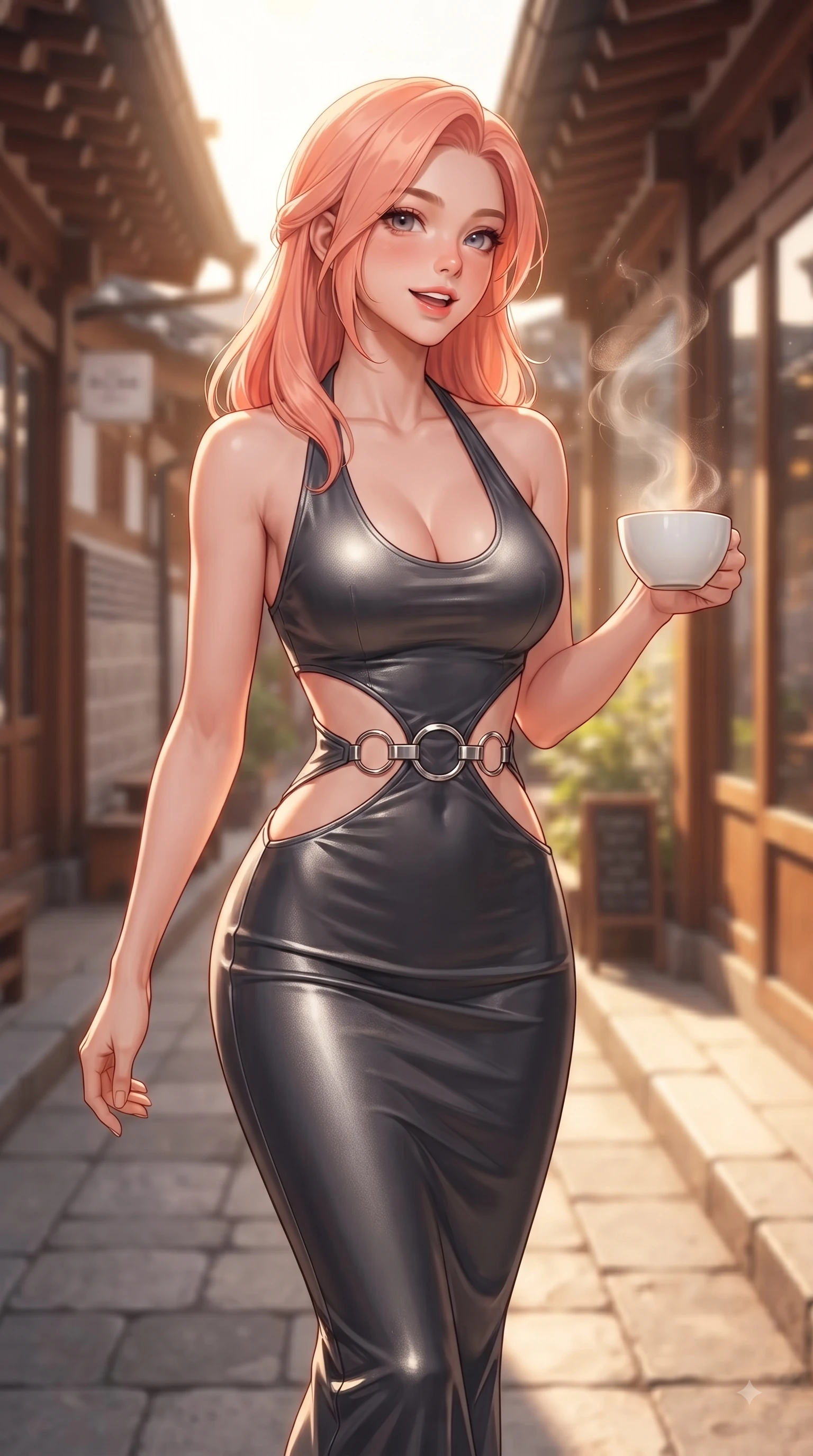 score_9, masterpiece, best quality, ultra-detailed, high-budget anime keyframe, editorial fashion photography, tasteful artistic composition, Japanese woman. close-up cowboy shot from the waist and thighs up, the character dominates the composition, filling the frame with her large presence, background elements kept in soft focus. Playful cute expression with a warm smile and parted lips, looking right into the camera with vibrant energy while stepping along a quiet Hanok alley lined with artisanal coffee shops under warm sunlight, steam rising gracefully from a porcelain latte cup catching bright sunbeams. She has an exceptionally elegant, slender, and willowy female figure with an ultra-slim waist, a gracefully sculpted slender torso, and a refined silhouette. sharp v-shaped jawline, high-bridge nose, intricate jewel-like eyes with depth, thick eyelashes, glossy lips with a natural sheen, flawlessly proportioned anatomical accuracy, natural body alignment, perfectly sculpted elegant limbs, clean dynamic posture without body distortion. wearing a deep-scoop halter bodycon dress with hip cutouts connected by silver rings in charcoal grey and platinum, made of premium stretch velvet with a rich sheen, accented with delicate chrome ring hardware framing her waist, the elegant draped fit framing her graceful clavicle and slender torso. bathed in warm golden sunlight streaming through clean glass cafe windows. ultra-reflective glossy finish, specular highlights, metallic sheen, high-contrast stereoscopic depth, volumetric dynamic lighting, 2k, ultra detail, master piece, 9:16 ratio
