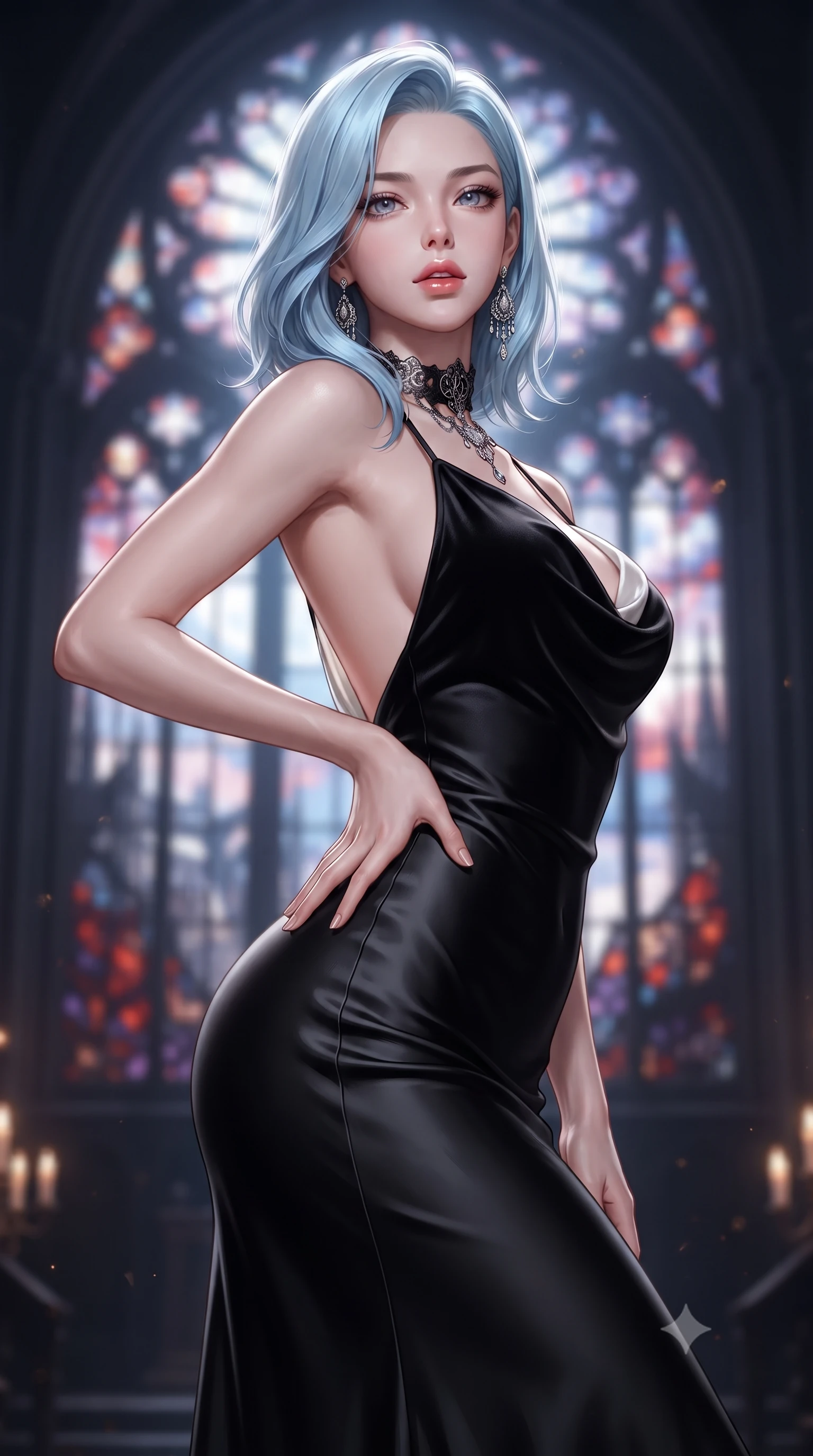 score_9, masterpiece, best quality, ultra-detailed, high-budget anime keyframe, editorial fashion photography, tasteful artistic composition, Korean woman. close-up cowboy shot from the waist and thighs up, the character dominates the composition, filling the frame with her large presence. arching her spine in an alluring serpentine S-curve, one hand resting on her waist with parted glossy lips and an intensely magnetic gaze while arching her back in an alluring dance-like pause as moonlight pours through a colossal rose stained-glass window. The composition keeps background elements in soft focus with creamy bokeh. colossal gothic rose windows and distant flying buttresses blurred into blood-orange, violet, and obsidian bokeh. She has an exceptionally elegant, slender, and willowy female figure with an ultra-slim waist, a gracefully sculpted slender torso, toned flat midriff, and a refined slim silhouette. sharp v-shaped jawline, high-bridge nose, intricate jewel-like eyes with depth, thick eyelashes, glossy parted lips with a natural sheen, intensely captivating and seductive expression, flawlessly proportioned anatomical accuracy, strict slender model proportions, natural body alignment, perfectly sculpted long slender limbs, ultra-slim waistline, clean dynamic posture without body distortion. wearing a liquid black silk jersey slip gown descending to the waistline in a deep draped cowl back in high-contrast black velvet and pearl white, tailored from ultra-smooth duchess satin with a pearlescent sheen, finished with a dramatic filigree Victorian choker and chandelier earrings, the form-contouring material adhering flawlessly to her sculpted flat midriff and slender torso, emphasizing her long leg lines and perfectly proportioned willowy build. surrounded by an immortal, transcendent, and breathtakingly majestic gothic siren aura. ultra-reflective glossy finish, specular highlights, rich textural contrasts, high-contrast stereoscopic depth, volumetric dynamic lighting, 2k, ultra detail, master piece, 9:16 ratio
