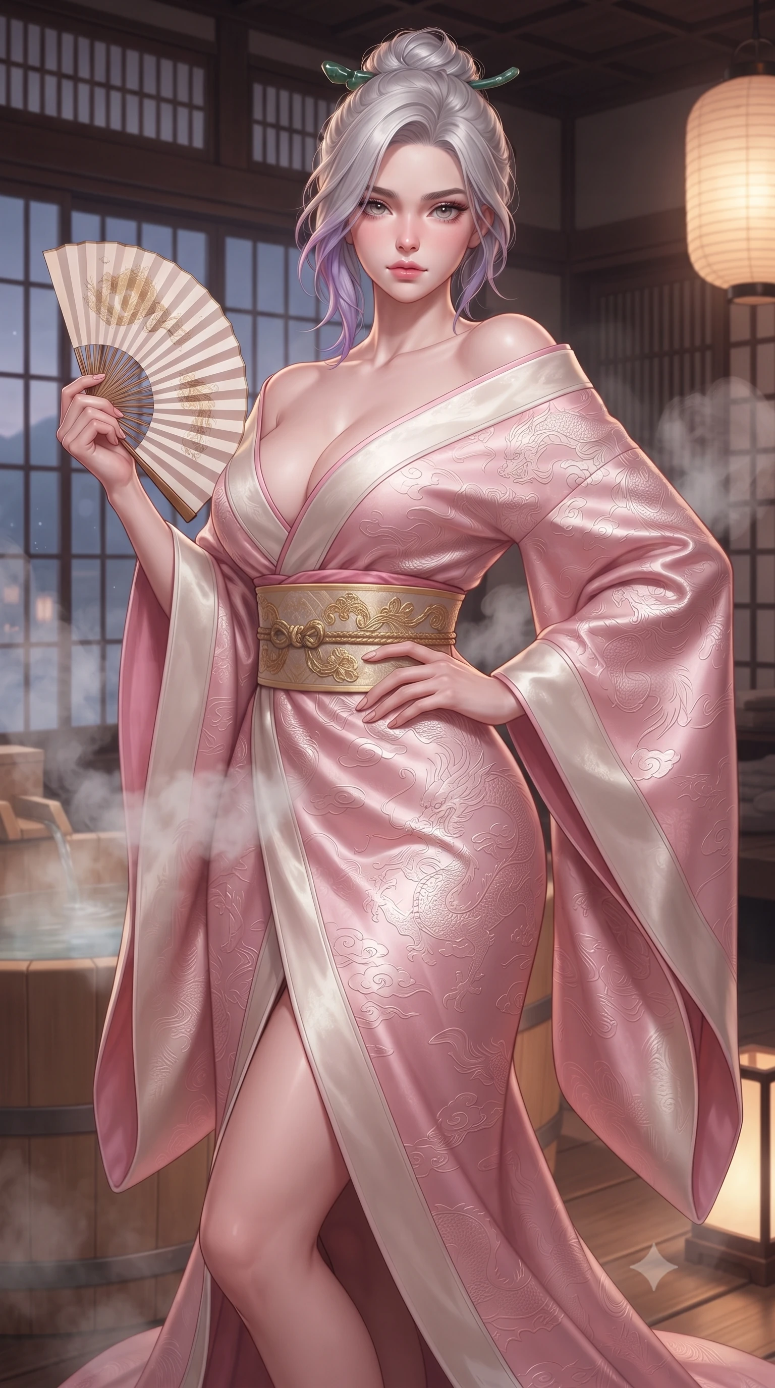 score_9, masterpiece, best quality, ultra-detailed, high-budget anime keyframe, editorial fashion photography, tasteful artistic composition, Caucasian woman. close-up cowboy shot from the waist and thighs up, the character dominates the composition, filling the frame with her large presence. twisting her slender torso in an alluring contrapposto stance, one hand resting on her sculpted hip while holding a traditional silk folding fan with effortless poise while twisting her slender torso in an alluring contrapposto stance, rising mineral steam curling around her flat midriff and rounded feminine hips. The surrounding environment is rendered in vivid detail and crisp panoramic clarity: detailed loungewear texture, rosy flushed skin highlights, and prestigious ryokan architecture in razor-sharp precision. She has an exceptionally elegant, slender, and willowy female figure with an ultra-slim waist, flat toned midriff, narrow ribcage, and sculpted feminine hips creating an alluring, slim hourglass silhouette without bulk. sharp v-shaped jawline, high-bridge nose, intricate jewel-like dark sparkling almond eyes with depth, thick lashes, glossy parted lips with a natural rose-plum sheen, bright alluring and coquettish smile with bedroom-eyes, exuding both timeless oriental elegance and sovereign high-fashion allure, flawlessly proportioned anatomical accuracy, strict slender model proportions, natural body alignment, perfectly sculpted long slender limbs, ultra-slim waistline, clean dynamic posture without body distortion. wearing a deep plunging-V modern kimono gown with wide flowing sleeves and a waist-cinching gold embroidered sash in soft cherry blossom pink and pearlescent ivory, made of rich jacquard silk with intricate embossed dragon and cloud motifs, featuring a modern sculptural jade hair pin securing her loose silky updo, the high-waisted wrap tailoring accentuating her ultra-slim waistline and the enchanting curve of her feminine hips with alluring oriental charm. bathed in soft alpine twilight and warm glowing paper lantern light. ultra-reflective glossy finish, specular highlights, rich textural contrasts, high-contrast stereoscopic depth, volumetric dynamic lighting, 2k, ultra detail, master piece, 9:16 ratio