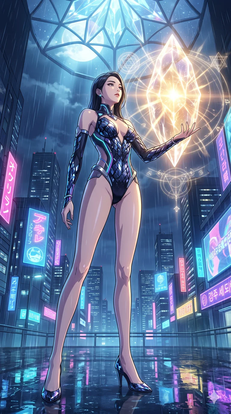 score_9, masterpiece, best quality, ultra-detailed, High-budget Anime Keyframe, vibrant colors, fluid line-art, expressive lighting, cinematic composition, Ufotable-style visual effects, top-tier animation quality, Korean woman with idol-like refined features. Low angle cowboy shot filling the entire 9:16 frame with her statuesque presence, looking up to emphasize her height. Communicating with ancient celestial beings via a massive glowing crystal core that pulses with divine energy. She has an absolutely perfect 8-heads proportion, an exceptionally tall and slender female figure with impossibly long slender legs and an ultra-slim waist, her statuesque height and towering silhouette dominating the vertical 9:16 frame. Her face is a masterpiece featuring a sharp v-shaped jawline, high-bridge nose, intricate jewel-like eyes with depth, thick eyelashes, and glossy lips with a natural sheen. She is wearing a Asymmetrical high-cut tech-bodysuit with detached sleeves and glowing fiber-optic seams crafted from Obsidian-glass scales that shimmer with a dark, crystalline brilliance, featuring a crystalline structure that catches the light and reveals her slender frame. The scene is set in a sprawling cyberpunk metropolis in heavy rain with vibrant neon glows reflecting on every surface, illuminated by ethereal moonlight filtering through a crystalline canopy, creating soft highlights. 2k, ultra detail, master piece, 9:16 ratio