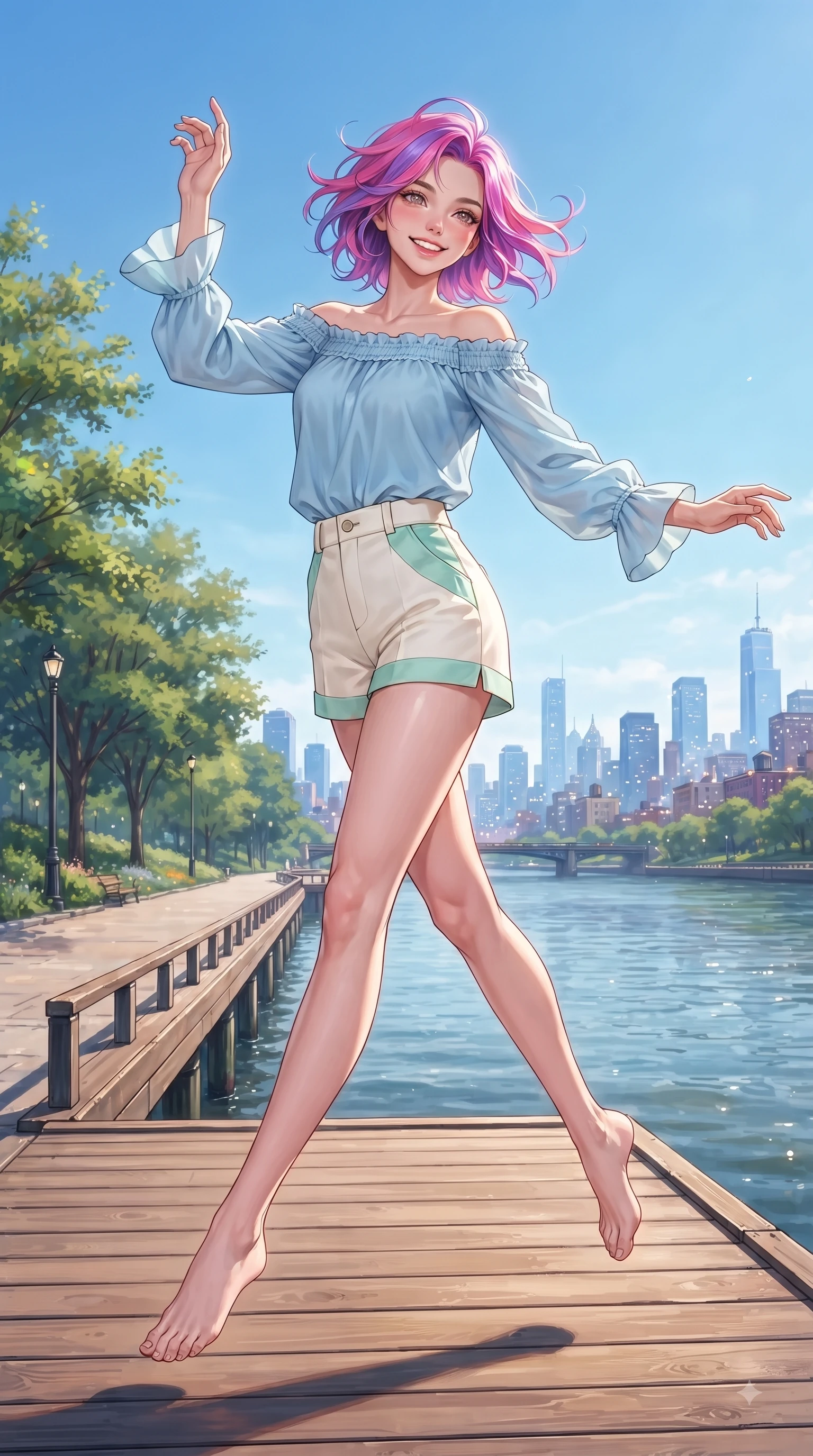score_9, masterpiece, best quality, ultra-detailed, high-budget anime keyframe, editorial fashion photography, tasteful artistic composition, Caucasian woman. low angle full-body shot from head to toe showing her feet, filling the entire 9:16 vertical frame with her statuesque presence, stretching her vertical silhouette. leaping with pure youthful energy through the scene with a radiant bright smile, her long slender legs balanced gracefully while pivoting in a happy stride along a sunlit wooden pier overlooking calm river waters. The surrounding environment is rendered in vivid detail and crisp panoramic clarity. scenic riverside walking paths and twinkling city skyline outlines in rich clarity. She has an absolutely perfect, statuesque 8.5-heads proportion, an exceptionally tall and slender model-like female figure with impossibly long slender legs and an ultra-slim waist. sharp v-shaped jawline, high-bridge nose, intricate jewel-like eyes with depth, thick eyelashes, glossy lips with a natural sheen, flawlessly proportioned anatomical accuracy, natural body alignment, perfectly sculpted elegant limbs, clean dynamic posture without body distortion. wearing a light blue off-shoulder chiffon blouse paired with tailored ivory shorts in refreshing mint green and crisp white, tailored from crisp cotton poplin, accented with soft smocked details and fluttery cuffs, the chic real-way fashion cut emphasizing her effortless charm. surrounded by a serene, uplifting, and romantic park ambiance. ultra-reflective glossy finish, specular highlights, metallic sheen, high-contrast stereoscopic depth, volumetric dynamic lighting, 2k, ultra detail, master piece, 9:16 ratio