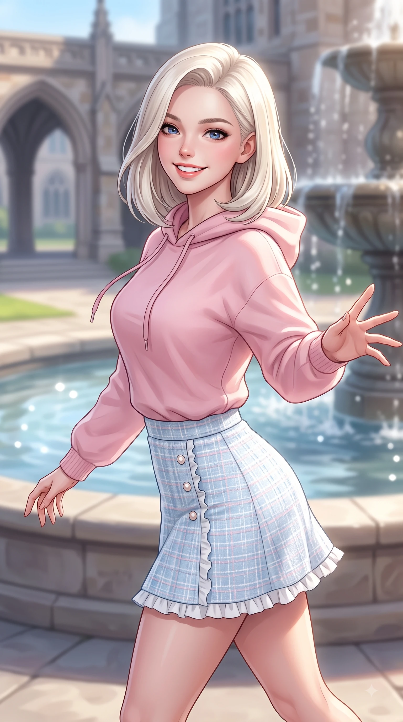 score_9, masterpiece, best quality, ultra-detailed, high-budget anime keyframe, editorial fashion photography, tasteful artistic composition, Caucasian woman. close-up cowboy shot from the waist and thighs up, the character dominates the composition, filling the frame with her large presence. Gazing directly into the camera with a fresh, infectious smile as her torso curves dynamically in mid-stride while reaching out cheerfully with a bright smile near a grand stone fountain on the college quad. The composition keeps background elements in soft focus with dreamy bokeh. gothic campus arches and sparkling fountain waters softened in a gentle background haze. She has an exceptionally elegant, slender, and willowy female figure with an ultra-slim waist, a gracefully sculpted slender torso, and a refined silhouette. sharp v-shaped jawline, high-bridge nose, intricate jewel-like eyes with depth, thick eyelashes, glossy lips with a natural sheen, flawlessly proportioned anatomical accuracy, natural body alignment, perfectly sculpted elegant limbs, clean dynamic posture without body distortion. wearing a cozy pastel-pink hoodie sweater paired with a white tennis skirt in baby blue and cloud white, tailored from soft pastel tweed with subtle metallic thread, finished with subtle ruffle trims and delicate pearl buttons, the chic real-way fashion cut emphasizing her effortless charm. surrounded by an uplifting, fresh, and youthful academic atmosphere. highly saturated vibrant anime colors, detailed shading with soft gradients, rich glossy textures, high-contrast stereoscopic depth, volumetric dynamic lighting, master piece, 9:16 ratio