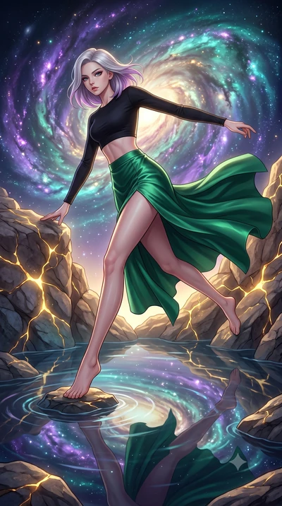 score_9, masterpiece, best quality, ultra-detailed, high-budget anime keyframe, editorial fashion photography, tasteful artistic composition, Caucasian woman, strictly human ears. low angle full-body shot from head to toe showing her feet, filling th