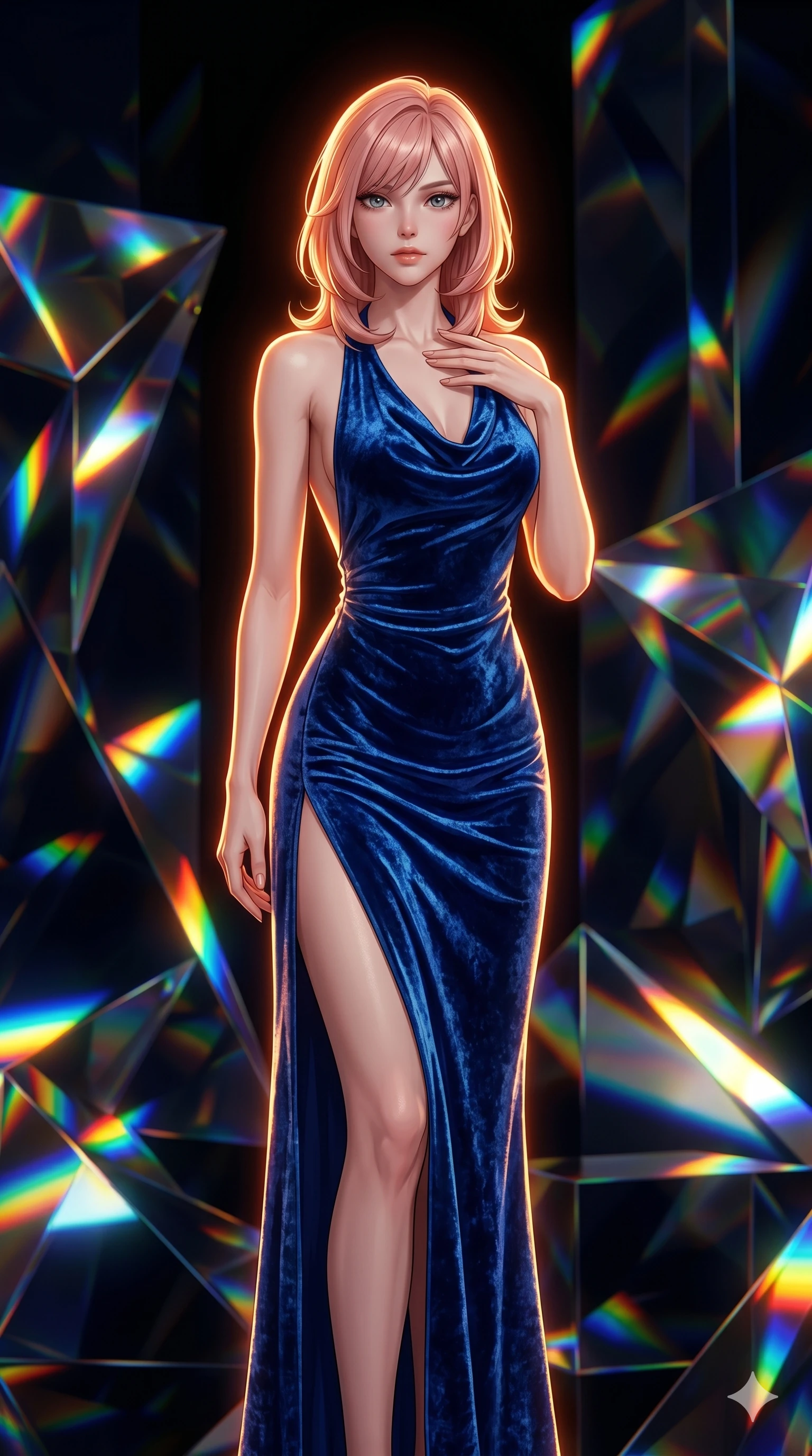 score_9, masterpiece, best quality, ultra-detailed, high-budget anime keyframe, editorial fashion photography, tasteful artistic composition, Japanese woman. cowboy shot from the thighs up, character and outfit filling the frame for maximum editorial presence. Pressing one hand lightly to her collarbone in a composed gesture inside a palace made of giant geometric prisms that refract sunlight into rainbows. She has an absolutely perfect 8-heads proportion, an exceptionally tall and slender female figure with impossibly long slender legs and an ultra-slim waist. V-shaped jawline, high-bridge nose, intricate jewel-like eyes with depth, thick eyelashes, glossy lips with a natural sheen. wearing a floor-length halter gown in sapphire-blue crushed velvet with a cowl neck, a low-cut open back, and a high side slit to mid-thigh. drenched in warm amber cinematic rim lighting that traces every contour of her silhouette against a dark background. 2k, ultra detail, master piece, 9:16 ratio