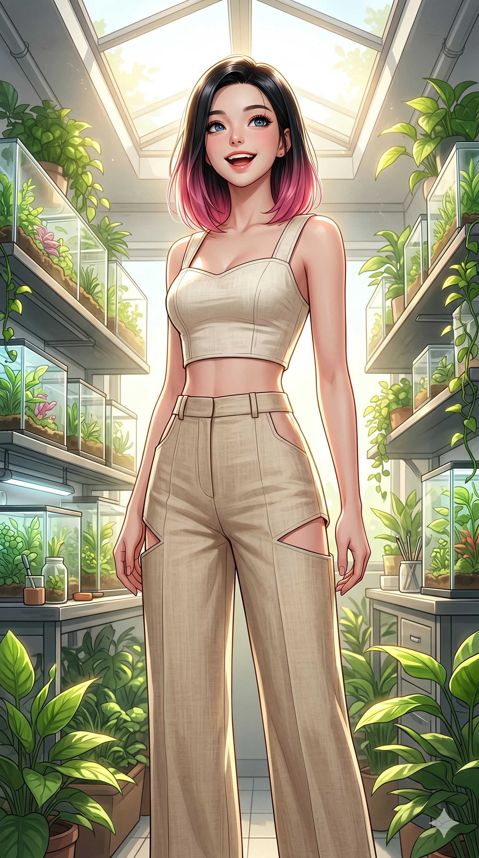 score_9, masterpiece, best quality, ultra-detailed, high-budget anime keyframe, editorial fashion photography, tasteful artistic composition, Korean woman. cowboy shot from the thighs up, character and outfit filling the frame for maximum editorial presence. looking up from a terrarium with a cheerful, curious laugh and a bright expression inside a botanical research lab filled with sunlit glass terrariums and glowing green plants. She has an absolutely perfect 8-heads proportion, an exceptionally tall and slender female figure with impossibly long slender legs and an ultra-slim waist. V-shaped jawline, high-bridge nose, intricate jewel-like eyes with depth, thick eyelashes, glossy lips with a natural sheen. wearing a tailored crop top with structured straps and high-waisted linen trousers with side cutouts. bathed in bright, clean daylight and soft warm sunlight streaming from the skylight. 2k, ultra detail, master piece, 9:16 ratio