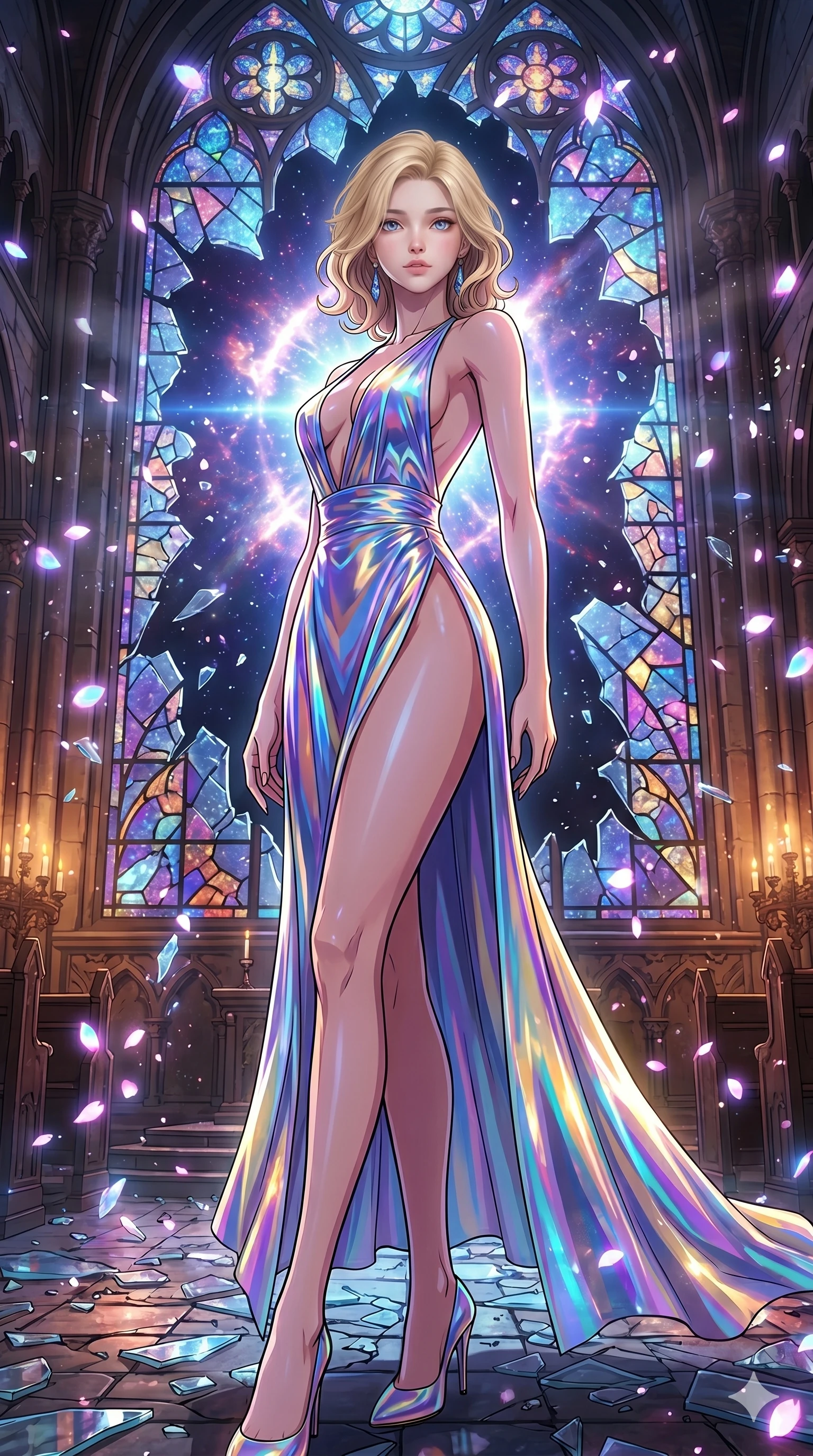 score_9, masterpiece, best quality, ultra-detailed, high-budget anime movie keyframe, cinematic anime lighting, intricate line art, Japanese woman. Low angle cowboy shot filling the entire 9:16 frame with her statuesque presence. observing a supernova in a shattered stained glass cathedral with digital sakura petals. She has an absolutely perfect 8-heads proportion, an exceptionally tall and slender female figure with an ultra-slim waist and impossibly long slender legs. sharp v-shaped jawline, high-bridge nose, intricate jewel-like eyes, thick eyelashes, glossy lips. Wearing avant-garde high-fashion gown made of iridescent vinyl with a dangerously high side slit and a plunging neckline, revealing an ultra-slim waist and long slender legs. The scene is illuminated by dramatic atmospheric lighting and vibrant color palettes. , 2k, ultra detail, master piece, 9:16 ratio
