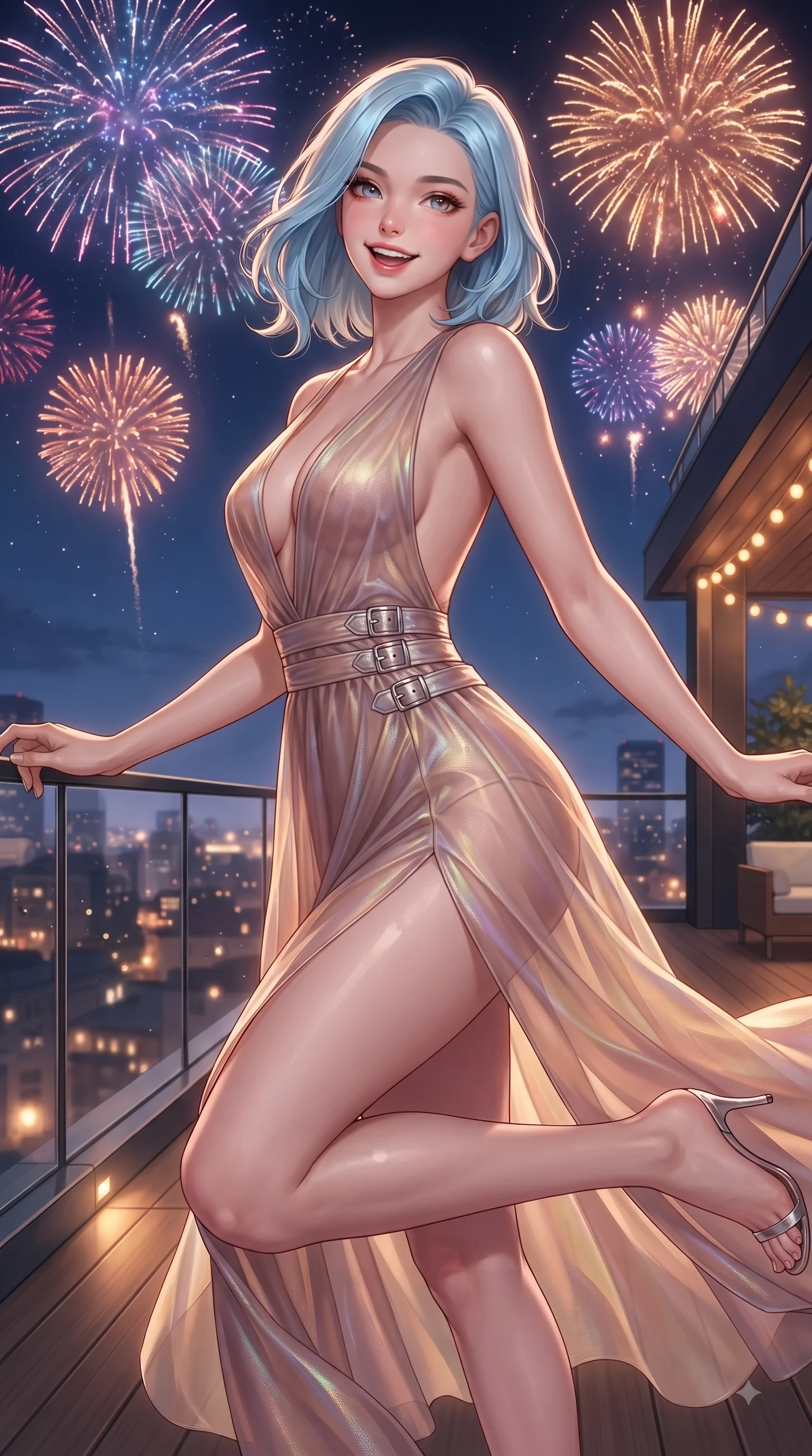 score_9, masterpiece, best quality, ultra-detailed, high-budget anime keyframe, editorial fashion photography, tasteful artistic composition, Korean woman. close-up cowboy shot from the waist and thighs up, the character dominates the composition, filling the frame with her large presence, background elements kept in soft focus. Cheerful beaming smile with parted lips, exuding pure enchanting charm while turning dynamically toward the camera while leaping joyfully on a high-rise penthouse rooftop deck under a sky of festive fireworks, sleek glass and wood terrace textures reflecting warm party light beams. She has an exceptionally elegant, slender, and willowy female figure with an ultra-slim waist, a gracefully sculpted slender torso, and a refined silhouette. sharp v-shaped jawline, high-bridge nose, intricate jewel-like eyes with depth, thick eyelashes, glossy lips with a natural sheen, flawlessly proportioned anatomical accuracy, natural body alignment, perfectly sculpted elegant limbs, clean dynamic posture without body distortion. wearing a translucent iridescent chiffon gown with a plunging neckline and open back in dusty rose and champagne gold, woven from fine semi-opaque sheer organza, detailed with polished silver buckles along the waistline, the form-contouring material highlighting her ultra-slim waist and long lines. bathed in festive firework explosions and warm amber fairy light radiance. ultra-reflective glossy finish, specular highlights, metallic sheen, high-contrast stereoscopic depth, volumetric dynamic lighting, 2k, ultra detail, master piece, 9:16 ratio