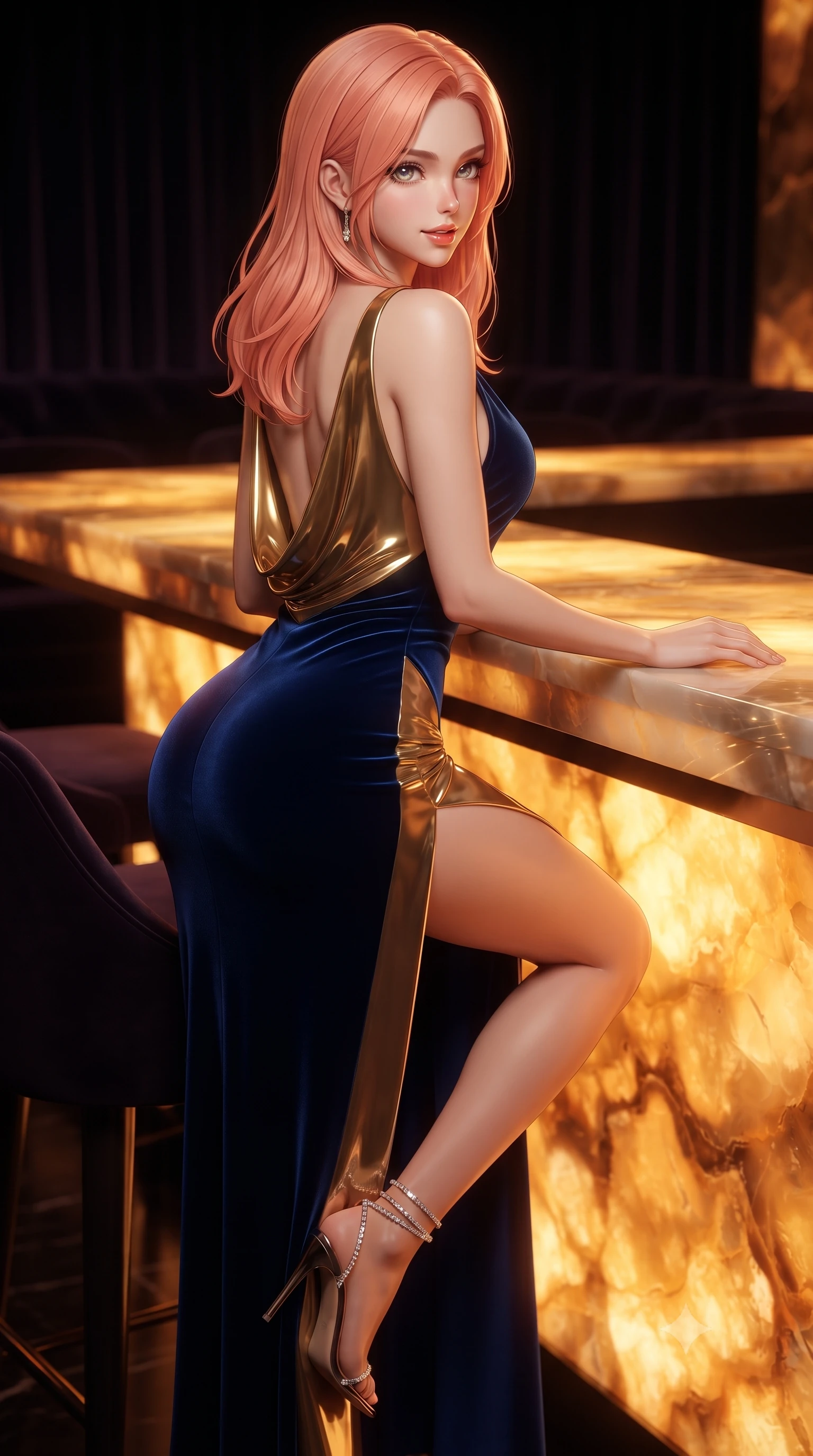 score_9, masterpiece, best quality, ultra-detailed, high-budget anime keyframe, editorial fashion photography, tasteful artistic composition, Japanese woman. close-up cowboy shot from the waist and thighs up, the character dominates the composition, filling the frame with her large presence. posing in an alluring rear three-quarter angle, looking over a bare shoulder with parted glossy lips, her hips cocked back to highlight her slim hourglass curve while turning slowly on the barstool with a teasing half-smile, running one hand lightly along the counter with effortless magnetic allure. The background shows a soft-focus dark velvet lounge booths softened in ultra-exclusive Tokyo private club shallow focus. She has an exceptionally elegant, slender, and willowy female figure with an ultra-slim waist, flat toned midriff, narrow ribcage, and sculpted feminine hips creating an alluring, slim hourglass silhouette without bulk. sharp v-shaped jawline, high-bridge nose, intricate jewel-like sparkling eyes with depth, thick eyelashes, glossy parted lips with a natural peach sheen, bright cheerful beaming smile with an enchanting and coquettish sensual glint, exuding both youthful cute charm and seductive allure, flawlessly proportioned anatomical accuracy, strict slender model proportions, natural body alignment, perfectly sculpted long slender limbs, ultra-slim waistline, clean dynamic posture without body distortion. wearing a deep plunge-neck stretch velvet gown with a daring thigh-high side slit and open cowl back in Burj Arabian royal sapphire blue and molten gold, crafted from wet-look high-gloss vinyl fabric with dazzling specular surface reflections, complemented by strappy stiletto sandals with crystal ankle wraps accentuating her slender calves, the form-contouring silhouette accentuating her sculpted flat midriff, narrow delicate ribcage, and gracefully curvy hips with intoxicating allure. bathed in the rich, radiant warm-amber under-glow of the backlit translucent onyx slab. ultra-reflective glossy finish, specular highlights, rich textural contrasts, high-contrast stereoscopic depth, volumetric dynamic lighting, 2k, ultra detail, master piece, 9:16 ratio
