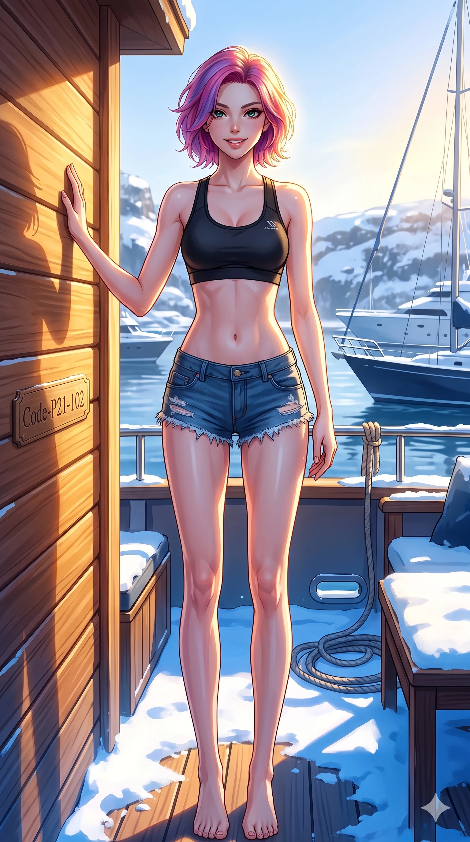 score_9, masterpiece, best quality, ultra-detailed, high-budget anime keyframe, vibrant anime aesthetic, Caucasian woman, strictly human ears. cowboy shot from the thighs up, character and outfit filling the frame for maximum presence. She is posing with a playful, lively grin, leaning one hand against a chalet wall on a private sun-drenched yacht deck in the winter harbor (Code-P21-102). She has an absolutely perfect 8-heads proportion, an exceptionally tall and slender female figure with impossibly long slender legs and an ultra-slim waist. V-shaped jawline, high-bridge nose, intricate jewel-like eyes with depth, thick eyelashes, glossy lips with a natural sheen. wearing a sports bra paired with denim micro-shorts in the winter sun. She is bathed in a beautiful winter contrast of warm yellow sunbeams and cool snow reflections. 2k, ultra detail, master piece, 9:16 ratio