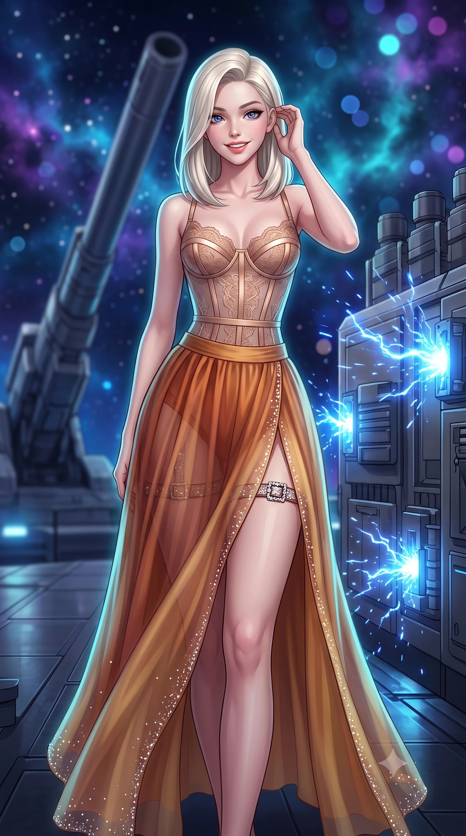 score_9, masterpiece, best quality, ultra-detailed, high-budget anime keyframe, semi-realistic 3D game render, editorial fashion photography, tasteful artistic composition, Caucasian woman. close-up cowboy shot from the waist and thighs up, the character dominates the composition, filling the frame with her large presence. gently brushing a lock of hair behind her ear while casting a playful, flirtatious side-gaze with long eyelashes while leaning against the capacitor bank housing with hips cocked back, gazing down the electromagnetic rail into deep space with smoldering bedroom-eyes. The background shows a soft-focus massive railgun barrel stretching into the starry void, crackling blue plasma sparks from capacitor banks, and distant glowing nebula clouds blurred into sapphire, cyan, and amethyst bokeh. She has an exceptionally elegant, slender, and willowy female figure with an ultra-slim waist, flat toned midriff, narrow ribcage, and sculpted feminine hips creating an alluring, slim hourglass silhouette without bulk. sharp v-shaped jawline, high-bridge nose, intricate jewel-like sparkling eyes with depth, thick eyelashes, glossy parted lips with a natural peach sheen, bright cheerful beaming smile with an enchanting and coquettish sensual glint, exuding both youthful cute charm and seductive allure, flawlessly proportioned anatomical accuracy, strict slender model proportions, natural body alignment, perfectly sculpted long slender limbs, ultra-slim waistline, clean dynamic posture without body distortion. wearing a provocative translucent mesh corset bodice with boned satin channels paired with a sheer chiffon wrap maxi skirt in Martian desert terracotta and dust-storm gold, crafted from translucent silk organza with an ethereal crystalline sheen, finished with delicate crystal-encrusted thigh garter straps glinting in the dim light, the bespoke structured tailoring following the natural line of her 8.5-heads silhouette with refined elegance. illuminated by titanium deck reflection bounce and sharp electric-cyan rim lights sculpting her jawline, narrow waist, and curvy hips. highly saturated vibrant anime colors, detailed shading with soft gradients, rich glossy textures, high-contrast stereoscopic depth, volumetric dynamic lighting, master piece, 9:16 ratio