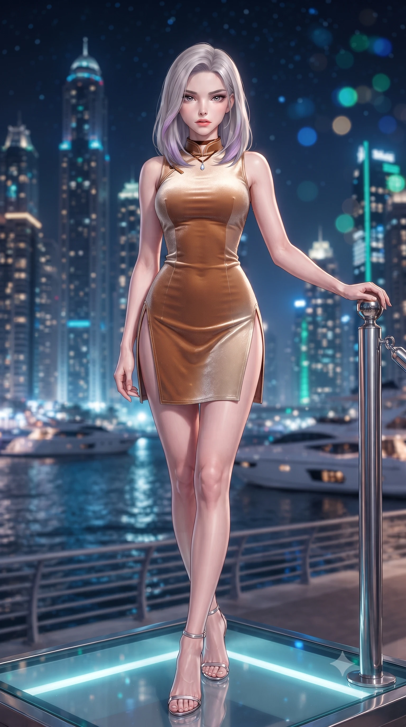score_9, masterpiece, best quality, ultra-detailed, high-budget anime keyframe, editorial fashion photography, tasteful artistic composition, Caucasian woman. low angle full-body shot from head to toe showing her feet, filling the entire 9:16 vertical frame with her statuesque presence, stretching her vertical silhouette. stepping slowly toward the camera with hypnotic grace, hips swaying in an alluring sensual rhythm that accentuates her curvy hourglass silhouette and long slender legs while leaning against the yacht mooring stanchion with hips cocked back, casting a smoldering bedroom-gaze toward the illuminated Dubai Marina skyline. The background shows a soft-focus towering illuminated skyscrapers of Dubai Marina reflecting on the water, luxury yachts cruising past, and starry night sky blurred into electric sapphire, emerald, and topaz bokeh. She has an exceptionally tall and slender model-like 8.5-heads proportion, an ultra-slim waist, a flat toned midriff, narrow delicate ribcage, and beautifully sculpted feminine hips creating a graceful, slim hourglass silhouette without any bulky heaviness, with impossibly long slender legs. sharp v-shaped jawline, high-bridge nose, intricate jewel-like sparkling eyes with depth, thick eyelashes, glossy parted lips with a natural peach sheen, bright cheerful beaming smile with an enchanting and coquettish sensual glint, exuding both youthful cute charm and seductive allure, flawlessly proportioned anatomical accuracy, strict slender model proportions, natural body alignment, perfectly sculpted long slender limbs, ultra-slim waistline, clean dynamic posture without body distortion. wearing a modern cheongsam-inspired form-fitting sleeveless mini dress with mandarin collar and dramatic hip-high side slits in warm toasted caramel and shimmering champagne, tailored from ultra-plush silk velvet with rich tactile depth and deep shadow gradients, finished with a thin velvet ribbon choker and a single teardrop diamond pendant, the second-skin tailored fabric adhering flawlessly to her sculpted flat midriff and slender torso, emphasizing her long leg lines and perfectly proportioned willowy build. illuminated by glass floor upward bounce and sharp platinum-cyan rim lights defining her jawline, flat midriff, and feminine hips. ultra-reflective glossy finish, specular highlights, rich textural contrasts, high-contrast stereoscopic depth, volumetric dynamic lighting, 2k, ultra detail, master piece, 9:16 ratio