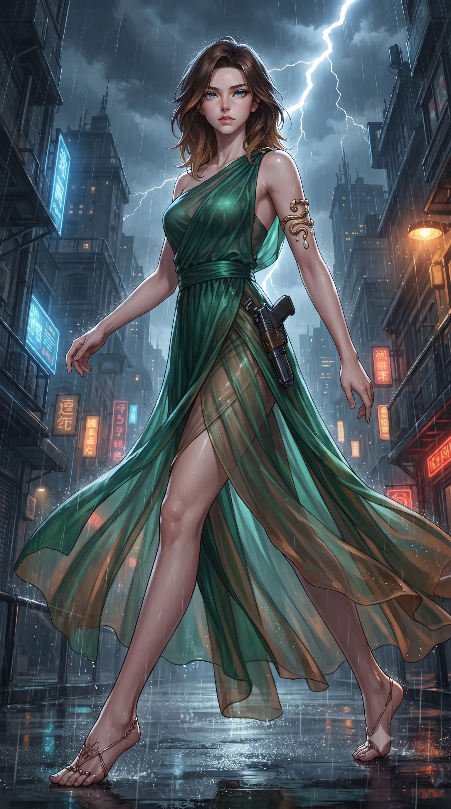 score_9, masterpiece, best quality, ultra-detailed, high-budget anime keyframe, editorial fashion photography, tasteful artistic composition, Korean woman. low angle full-body shot from head to toe showing her feet, filling the entire 9:16 vertical frame with her statuesque presence, stretching her vertical silhouette. pivoting dynamically with supreme athletic balance and poise, her impossibly long slender legs creating a breathtaking line while striding through the rainstorm with lethal grace, grappling gun holstered at her hip as thunder rumbles overhead. The surrounding environment is rendered in vivid detail and crisp panoramic clarity. intense neo-noir chiaroscuro and atmospheric rain-soaked metropolis action aesthetics rendered with precision. She has an absolutely perfect, statuesque 8.5-heads proportion, an exceptionally tall and slender model-like female figure with impossibly long slender legs, a toned flat midriff, and an ultra-slim waist. sharp v-shaped jawline, high-bridge nose, intricate jewel-like eyes with depth, thick eyelashes, glossy lips with a natural sheen, captivating and magnetic expression, flawlessly proportioned anatomical accuracy, strict slender model proportions, natural body alignment, perfectly sculpted long slender limbs, ultra-slim waistline, clean dynamic posture without body distortion. wearing an ethereal emerald-green silk chiffon gown with an asymmetric shoulder drape and sheer layered skirt in deep emerald green and bronze, woven from airy multi-layered silk chiffon with a weightless drape, accented with a sculptured gold serpent armlet and pearl drops edition #29, the form-contouring material adhering flawlessly to her sculpted flat midriff and slender torso, emphasizing her long leg lines and perfectly proportioned willowy build. bathed in blinding white storm lightning flash backlighting and warm amber perimeter beacon fill. ultra-reflective glossy finish, specular highlights, rich textural contrasts, high-contrast stereoscopic depth, volumetric dynamic lighting, 2k, ultra detail, master piece, 9:16 ratio