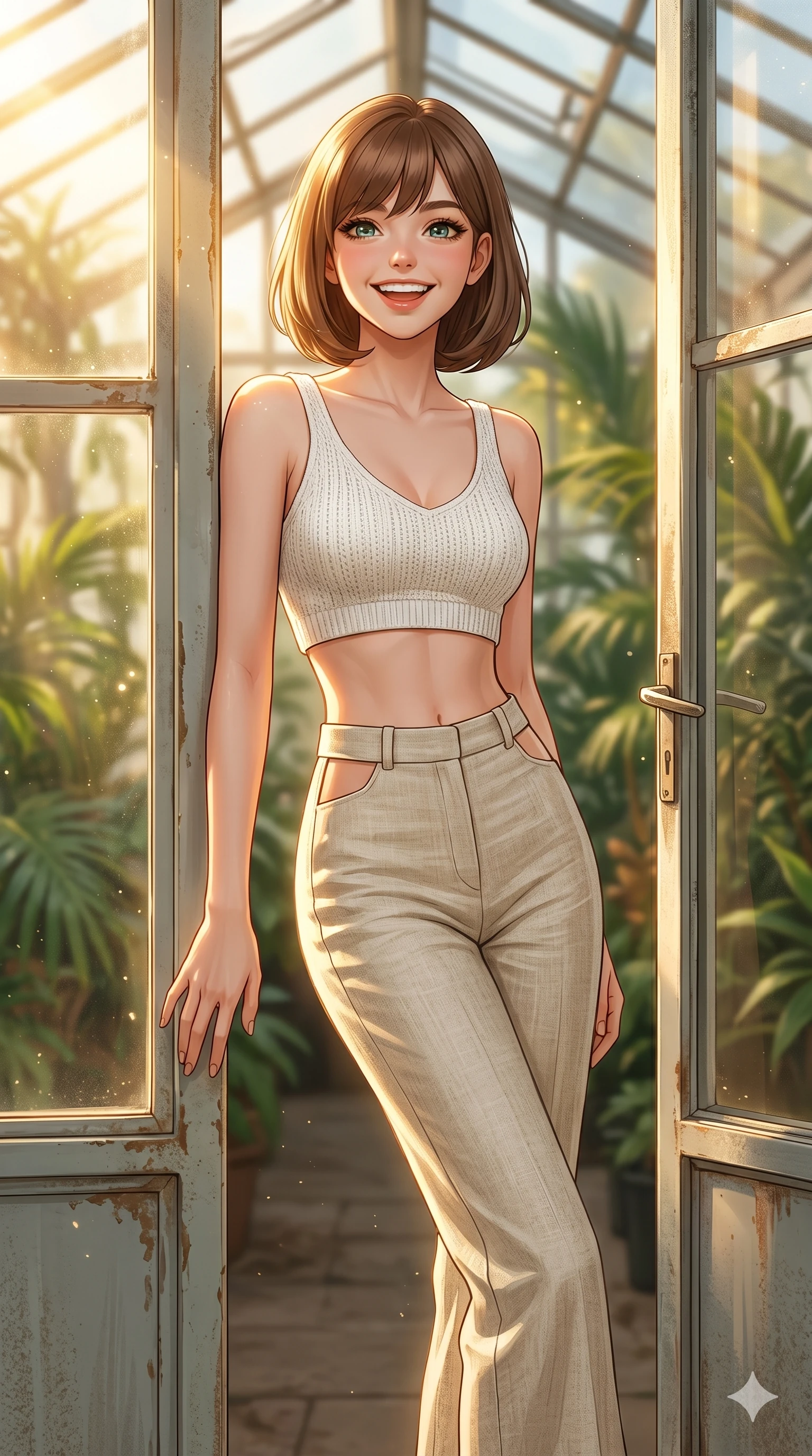 score_9, masterpiece, best quality, ultra-detailed, high-budget anime keyframe, editorial fashion photography, tasteful artistic composition, Caucasian woman, strictly human ears. cowboy shot from the thighs up, character and outfit filling the frame for maximum editorial presence. looking out with a bright, happy grin, her expression full of excitement leaning against a metal frame of a greenhouse door. She has an absolutely perfect 8-heads proportion, an exceptionally tall and slender female figure with impossibly long slender legs and an ultra-slim waist. V-shaped jawline, high-bridge nose, intricate jewel-like eyes with depth, thick eyelashes, glossy lips with a natural sheen. wearing a white knit crop top and high-waisted linen trousers with side cutouts. drenched in direct, bright morning sunlight casting warm golden rays on her silhouette. 2k, ultra detail, master piece, 9:16 ratio