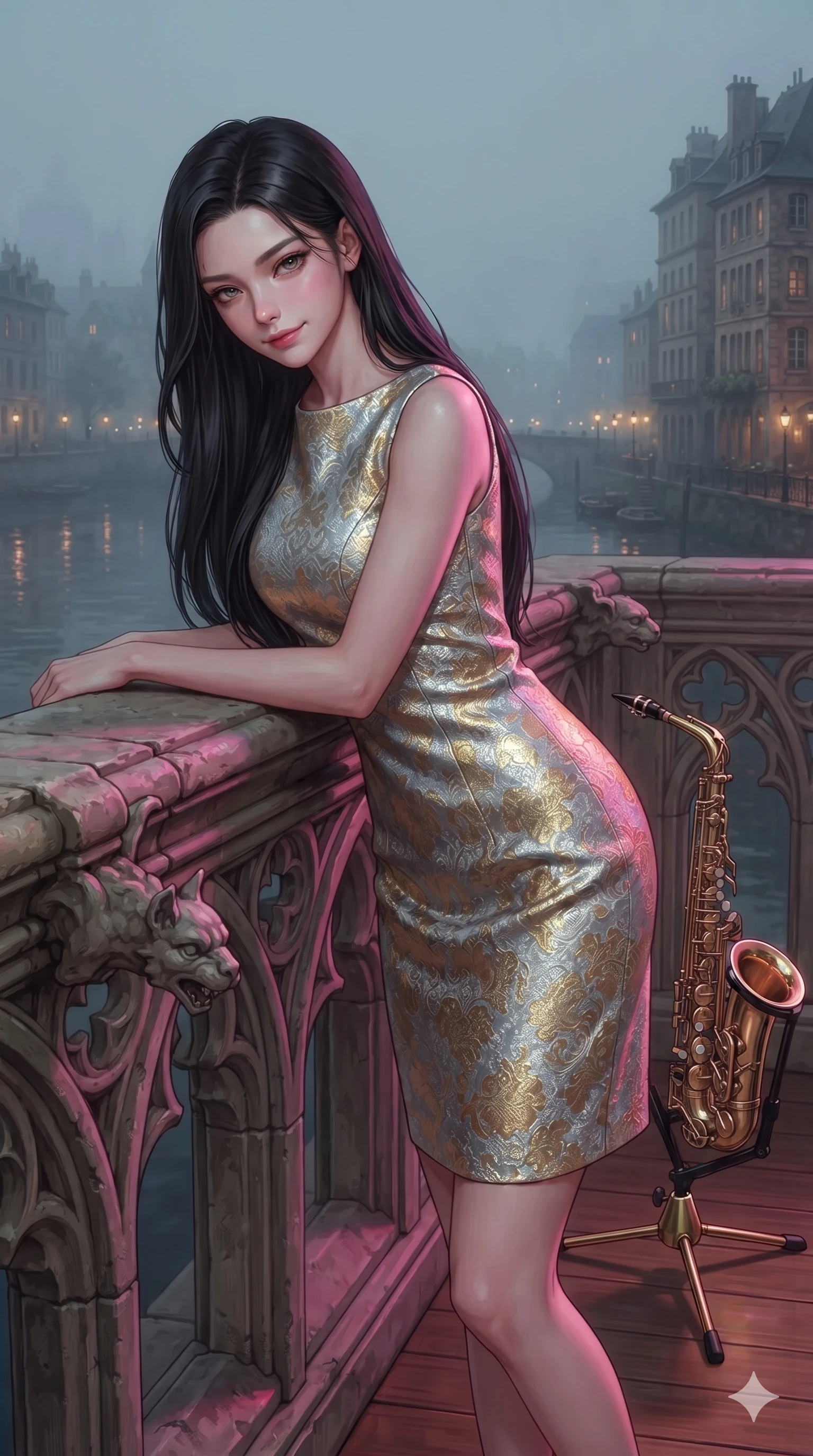 score_9, masterpiece, best quality, ultra-detailed, high-budget anime keyframe, editorial fashion photography, tasteful artistic composition, Korean woman. close-up cowboy shot from the waist and thighs up, the character dominates the composition, filling the frame with her large presence. leaning forward over the carved stone gothic balustrade, looking back with sleepy seductive bedroom-eyes as water reflections dance across her silhouette while standing poised on the polished teak terrace beside a vintage brass saxophone stand, twisting her slender torso in an alluring S-curve while holding a cocktail glass as river breezes whip her dress. The background shows a soft-focus riverfront evening atmospheric haze softened in heritage jazz terrace shallow focus. She has an exceptionally elegant, slender, and willowy female figure with an ultra-slim waist, flat toned midriff, narrow ribcage, and sculpted feminine hips creating an alluring, slim hourglass silhouette without bulk. sharp v-shaped jawline, high-bridge nose, intricate jewel-like sparkling eyes with depth, thick eyelashes, glossy parted lips with a natural sheen, intensely captivating and seductive bedroom-eyes expression, exuding both youthful cute charm and sovereign luxury allure, flawlessly proportioned anatomical accuracy, strict slender model proportions, natural body alignment, perfectly sculpted long slender limbs, ultra-slim waistline, clean dynamic posture without body distortion. wearing an aristocratic gold-leaf jacquard brocade shift dress with high boat neckline and bracelet sleeves in shimmering silver mercury and pearl white, crafted from luxurious metallic lamé that shifts radiance with every step, complemented by strappy stiletto sandals with metallic ankle wraps accentuating her slender calves, the impeccably tailored cut draping gracefully along her slender figure with aristocratic poise. bathed in vibrant magenta and electric cyan river skyline reflections contrasting with warm amber interior downlights. ultra-reflective glossy finish, specular highlights, rich textural contrasts, high-contrast stereoscopic depth, volumetric dynamic lighting, 2k, ultra detail, master piece, 9:16 ratio