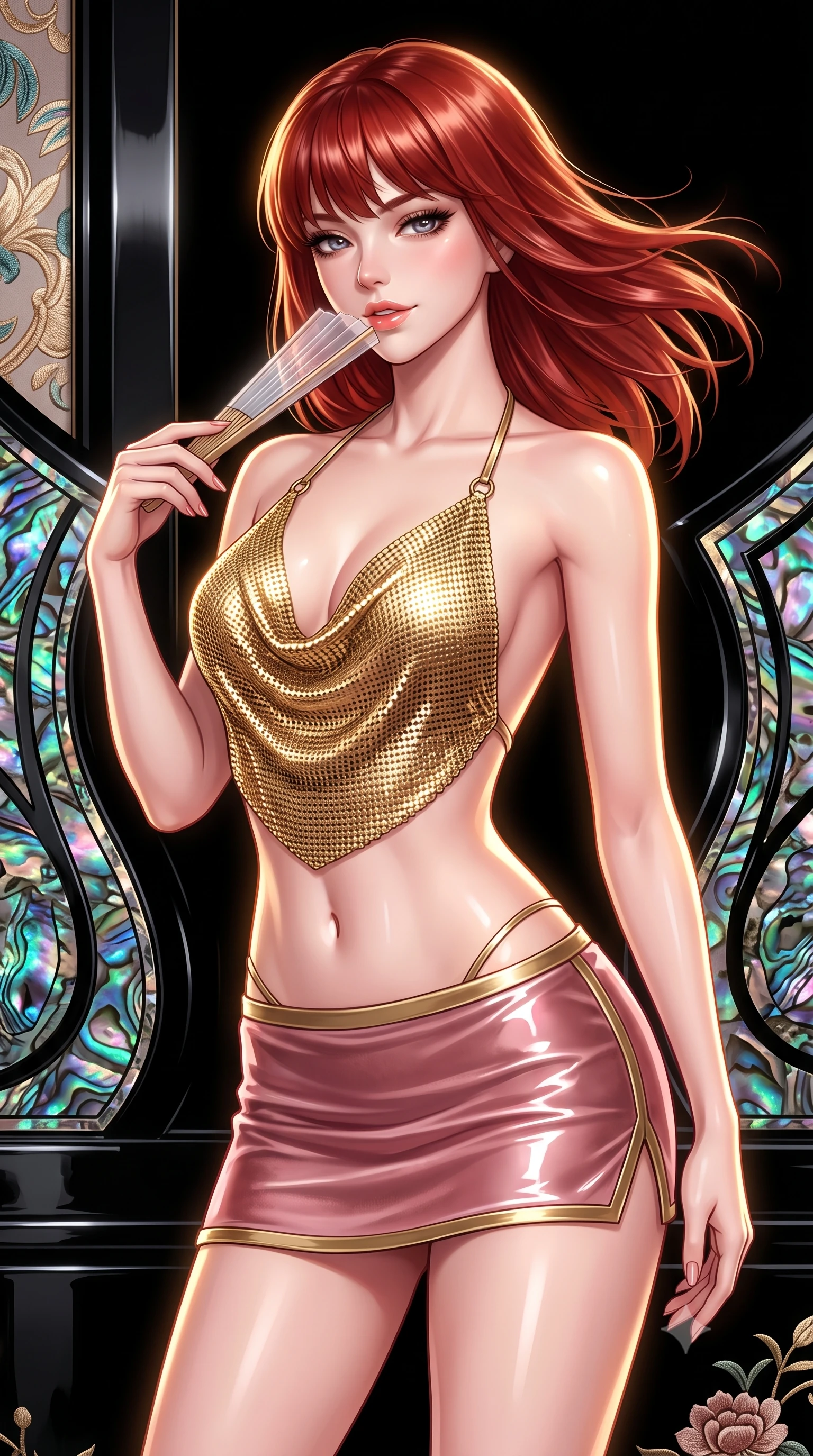 score_9, masterpiece, best quality, ultra-detailed, high-budget anime keyframe, semi-realistic 3D game render, editorial fashion photography, tasteful artistic composition, Caucasian woman. close-up cowboy shot from the waist and thighs up, the character dominates the composition, filling the frame with her large presence. turning slowly with an enchanting smoldering smile, her glossy hair tossing in the breeze as her hips angle gracefully in a captivating contrapposto while twisting her slender torso in an alluring S-curve, iridescent abalone shell inlays mirroring her narrow waist and rounded hips. The surrounding environment is rendered in vivid detail and crisp panoramic clarity: sharp iridescent mother-of-pearl inlay facets, high-gloss black lacquer reflections, and fine silk embroidery in deep focus. She has an exceptionally elegant, slender, and willowy female figure with an ultra-slim waist, flat toned midriff, narrow ribcage, and sculpted feminine hips creating an alluring, slim hourglass silhouette without bulk. sharp v-shaped jawline, high-bridge nose, sparkling eyes with hypnotic seductive depth, thick curled eyelashes, glossy parted lips with a natural dewy peach sheen, alluring bedroom-eyes with an enchanting coquettish smile, exuding magnetic siren charisma and sophisticated glamour, flawlessly proportioned anatomical accuracy, strict slender model proportions, natural body alignment, perfectly sculpted long slender limbs, ultra-slim waistline, clean dynamic posture without body distortion. wearing a liquid gold chainmail cowl halter top paired with an ultra-low-rise velvet mini skirt in dusky blush rose and antique gold trims, crafted from wet-look high-gloss vinyl fabric with dazzling specular surface reflections, finished with a transparent silk folding fan held gracefully near her glossy parted lips, the liquid-tight tailored fabric clinging flawlessly to her narrow waist and rounded feminine hips, emphasizing every millimeter of her sculpted slim hourglass curves without any bulky heaviness. illuminated by lacquer specular highlights and sharp warm-gold rim lights defining her razor-sharp jawline, narrow waist, and curvy hips. highly saturated vibrant anime colors, detailed shading with soft gradients, rich glossy textures, high-contrast stereoscopic depth, volumetric dynamic lighting, master piece, 9:16 ratio