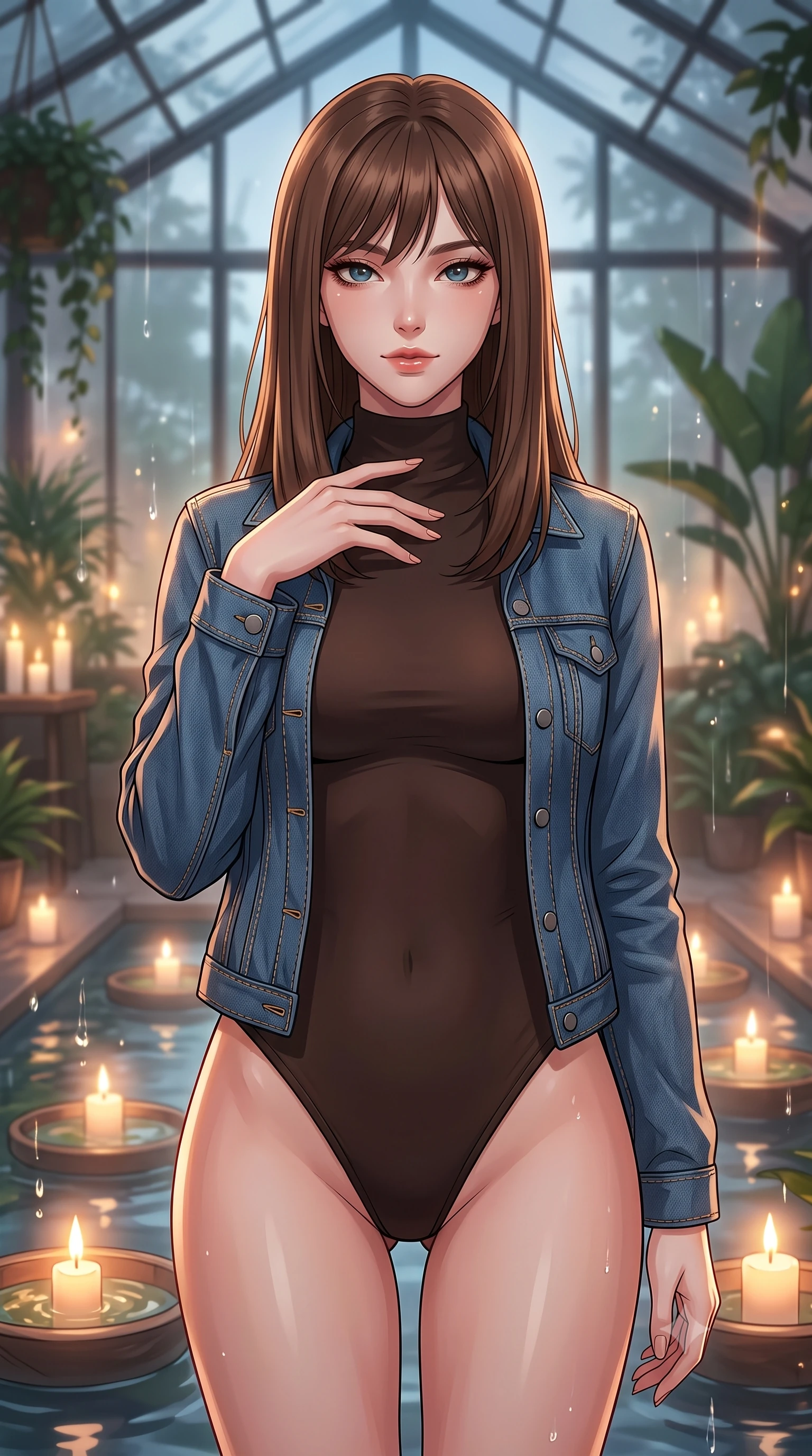 score_9, masterpiece, best quality, ultra-detailed, high-budget anime keyframe, tasteful artistic composition, Korean woman. close-up cowboy shot from the waist and thighs up, the character dominates the composition, filling the frame with her large presence, background elements kept in soft focus. standing with one hand resting on her collarbone, looking at the viewer with bedroom-eyes the background shows a soft-focus a modern greenhouse loft surrounded by rare plants and floating candlelit ponds. She has an exceptionally elegant, slender, and willowy female figure with an ultra-slim waist, a gracefully sculpted slender torso, and a refined silhouette. sharp v-shaped jawline, high-bridge nose, intricate jewel-like eyes with depth, thick eyelashes, glossy lips with a natural sheen. wearing a slim-fit form-contouring high-neck bodysuit in dark brown, worn under a tailored open denim jacket. soft flickering candle glow refracting through the moving water droplets. highly saturated vibrant anime colors, cel-shading, 2d style, master piece, 9:16 ratio