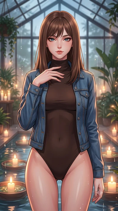 score_9, masterpiece, best quality, ultra-detailed, high-budget anime keyframe, tasteful artistic composition, Korean woman. close-up cowboy shot from the waist and thighs up, the character dominates the composition, filling the frame with her large 