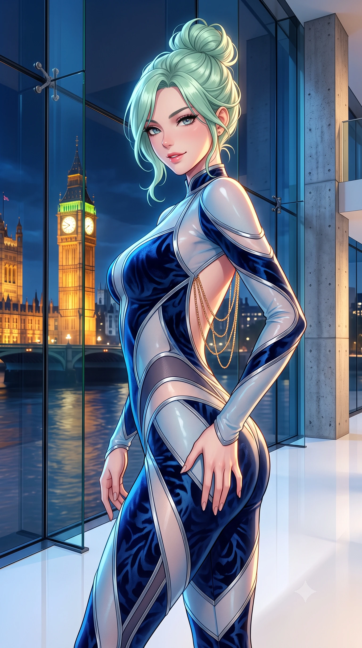 score_9, masterpiece, best quality, ultra-detailed, high-budget anime keyframe, semi-realistic 3D game render, editorial fashion photography, tasteful artistic composition, Japanese woman. close-up cowboy shot from the waist and thighs up, the character dominates the composition, filling the frame with her large presence. tilting her head with a teasing half-smile, running one hand slowly down the side of her hip in a flirtatious S-curve as ambient light caresses her silhouette while standing poised beside the double-height glass facade overlooking the Thames, arching her spine as illuminated Big Ben and the Houses of Parliament glow across the river. The surrounding environment is rendered in vivid detail and crisp panoramic clarity: sharp frameless structural glass joins, cast concrete column textures, and white resin floor gloss in deep focus. She has an exceptionally elegant, slender, and willowy female figure with an ultra-slim waist, flat toned midriff, narrow ribcage, and sculpted feminine hips creating an alluring, slim hourglass silhouette without bulk. sharp v-shaped jawline, high-bridge nose, intricate jewel-like sparkling eyes with depth, thick eyelashes, glossy parted lips with a natural peach sheen, bright cheerful beaming smile with an enchanting and coquettish sensual glint, exuding both youthful cute charm and seductive allure, flawlessly proportioned anatomical accuracy, strict slender model proportions, natural body alignment, perfectly sculpted long slender limbs, ultra-slim waistline, clean dynamic posture without body distortion. wearing an ultra-daring sheer vinyl-trimmed illusion mesh catsuit with strategic translucent cutouts along her hips and torso in Tromsø icy arctic blue and frosted platinum, tailored from ultra-plush silk velvet with rich tactile depth and deep shadow gradients, accented with an open-back drape framed by falling strands of delicate gold chains, the form-contouring silhouette accentuating her sculpted flat midriff, narrow delicate ribcage, and gracefully curvy hips with intoxicating allure. bathed in the breathtaking contrast of golden Westminster architectural floodlights and cool blue river ambient. highly saturated vibrant anime colors, detailed shading with soft gradients, rich glossy textures, high-contrast stereoscopic depth, volumetric dynamic lighting, master piece, 9:16 ratio