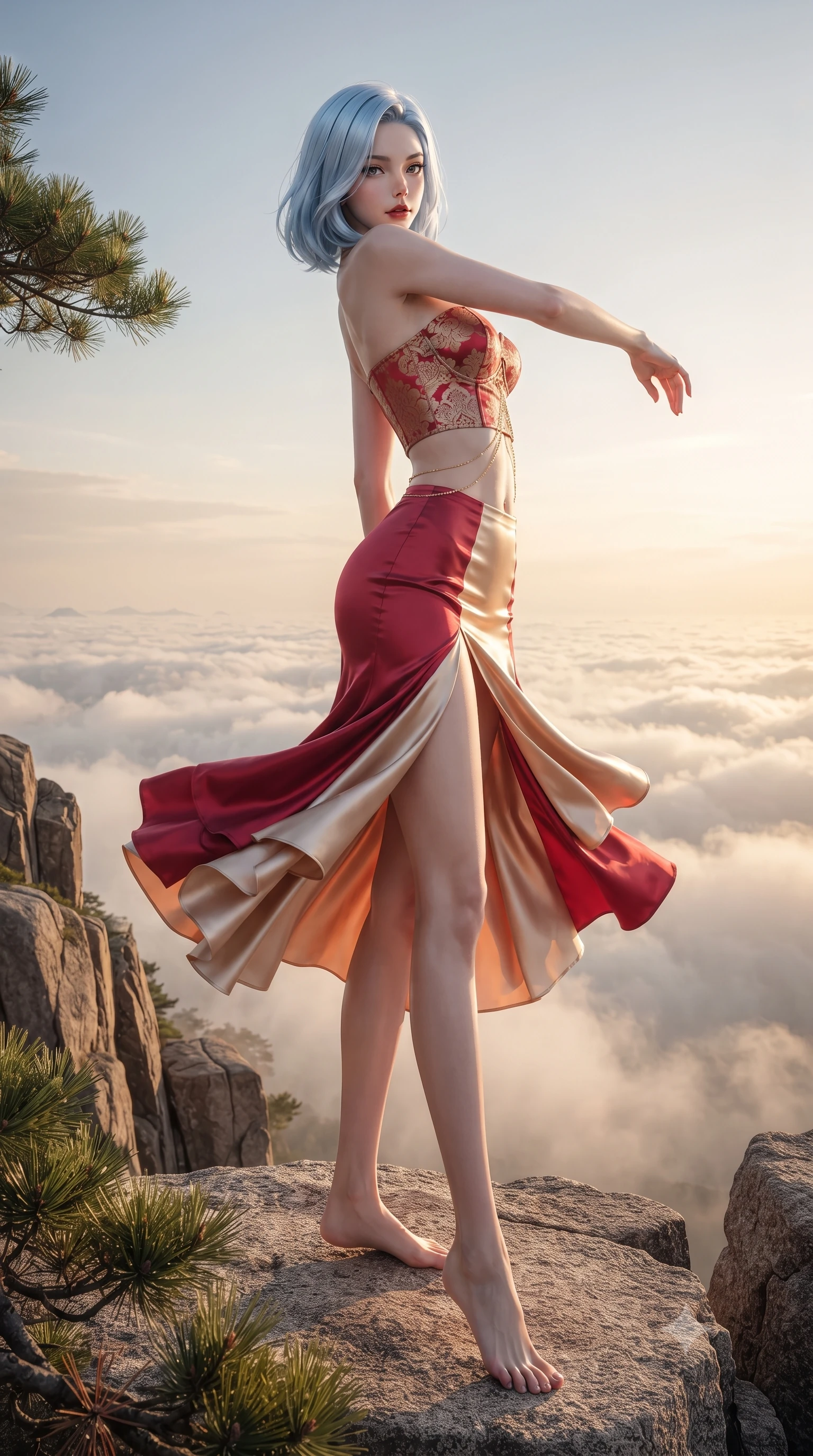 score_9, masterpiece, best quality, ultra-detailed, high-budget anime keyframe, editorial fashion photography, tasteful artistic composition, Korean woman. low angle full-body shot from head to toe showing her feet, filling the entire 9:16 vertical frame with her statuesque presence, stretching her vertical silhouette. executing a graceful dancer pivot turn as her layered silk chima skirt flutters around her slender legs, glancing over her shoulder with an intoxicating bedroom-gaze while standing poised on a sheer granite cliff ledge overlooking the rolling sea of clouds at sunrise, arching her back with breathtaking supermodel poise. The surrounding environment is rendered in vivid detail and crisp panoramic clarity: sharp weathered granite rock fractures, pine needle cluster textures, and rising cloud mist clarity in deep focus. She has an absolutely perfect, statuesque 8.5-heads proportion, an exceptionally tall and slender model-like female figure with impossibly long slender legs, an ultra-slim waist, a flat toned midriff, narrow delicate ribcage, and beautifully sculpted feminine hips creating a graceful, slim hourglass silhouette without any bulky heaviness. sharp v-shaped jawline, high-bridge nose, intricate jewel-like dark sparkling almond eyes with depth, thick lashes, glossy parted lips with a natural rose-plum sheen, bright alluring and coquettish smile with bedroom-eyes, exuding both timeless oriental elegance and sovereign high-fashion allure, flawlessly proportioned anatomical accuracy, strict slender model proportions, natural body alignment, perfectly sculpted long slender limbs, ultra-slim waistline, clean dynamic posture without body distortion. wearing a sweetheart-neckline oriental jacquard bustier top paired with a curve-hugging high-slit mermaid maxi skirt in royal crimson red and lustrous champagne gold, crafted from heavy fluid silk satin with a liquid mirror-like sheen, accented with a delicate gold body chain draping loosely across her flat midriff, the form-fitting tailored bodice adhering flawlessly to her sculpted flat midriff and slender torso, emphasizing her long leg lines and perfectly proportioned willowy build. illuminated by white cloud bounce fill and sharp warm-gold rim lighting sculpting her razor-sharp jawline, narrow waist, and curvy hips. ultra-reflective glossy finish, specular highlights, rich textural contrasts, high-contrast stereoscopic depth, volumetric dynamic lighting, 2k, ultra detail, master piece, 9:16 ratio