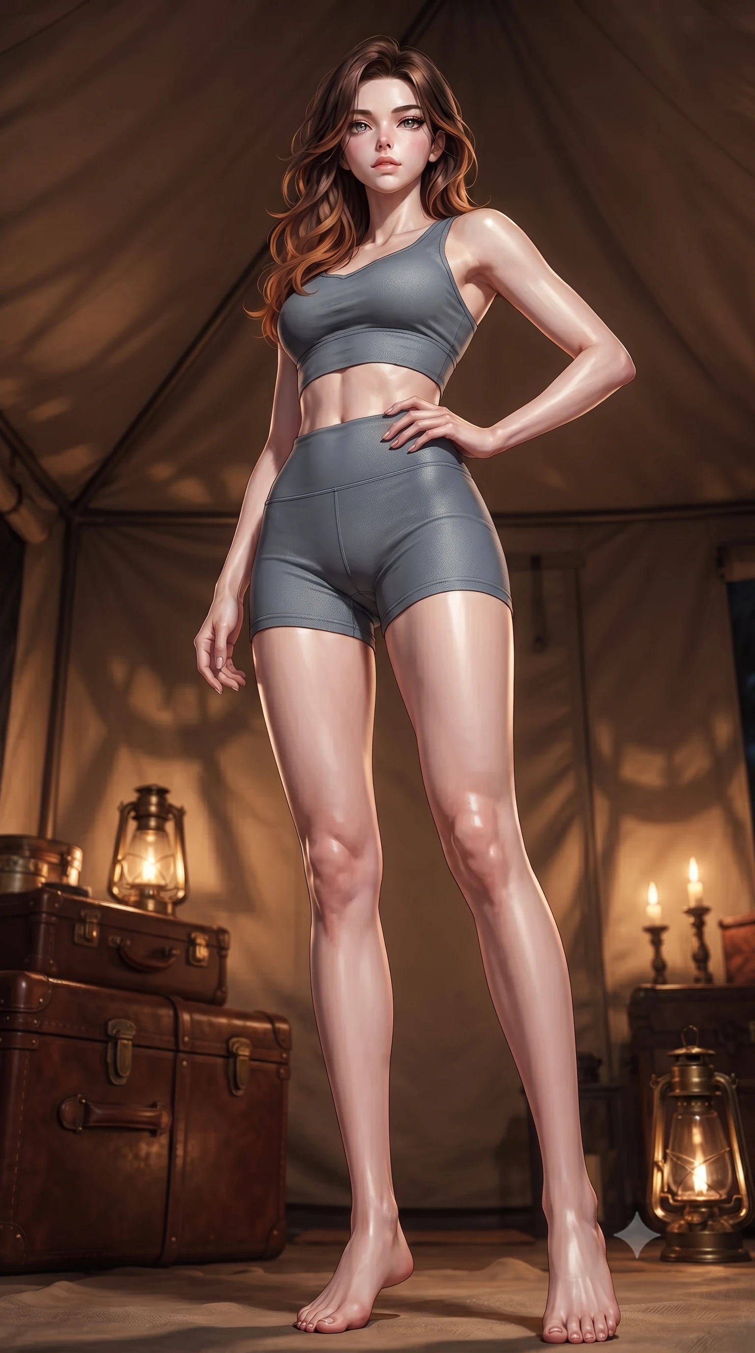 score_9, masterpiece, best quality, ultra-detailed, high-budget anime keyframe, editorial fashion photography, tasteful artistic composition, Korean woman. low angle full-body shot from head to toe showing her feet, filling the entire 9:16 vertical frame with her statuesque presence, stretching her vertical silhouette. posing confidently with one hand on her hip, stretching her statuesque body to emphasize her curves the background shows a soft-focus a luxury safari-style tent with leather trunks and vintage brass lanterns. She has an absolutely perfect, statuesque 8.5-heads proportion, an exceptionally tall and slender model-like female figure with impossibly long slender legs and an ultra-slim waist. sharp v-shaped jawline, high-bridge nose, intricate jewel-like eyes with depth, thick eyelashes, glossy lips with a natural sheen. wearing a body-hugging body-hugging athletic crop top and high-waisted shorts set in slate grey. warm candlelight casting dramatic shadows on the canvas walls. ultra-reflective glossy finish, specular highlights, metallic sheen, high-contrast stereoscopic depth, volumetric dynamic lighting, 2k, ultra detail, master piece, 9:16 ratio