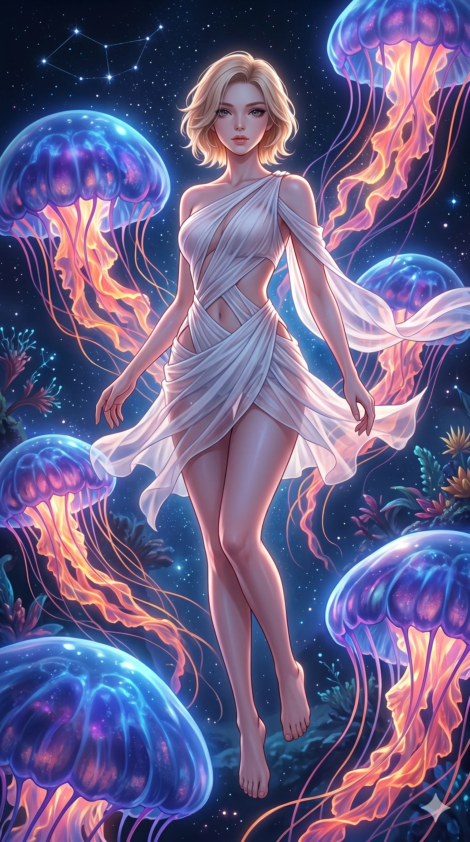 score_9, masterpiece, best quality, ultra-detailed, high-budget anime keyframe, Korean woman. low angle full-body shot filling the entire 9:16 frame with her statuesque presence, stretching the vertical silhouette. swirling gracefully among the glowing ribbon-like tentacles of giant bioluminescent jellyfish floating in a starry sky garden. She has an absolutely perfect 8-heads proportion, an exceptionally tall and slender female figure with impossibly long slender legs and an ultra-slim waist. V-shaped jawline, high-bridge nose, intricate jewel-like eyes with depth, thick eyelashes, glossy lips with a natural sheen.. wearing an asymmetric chiffon draped couture mini dress, featuring draped white chiffon fabric twisting around her body with elegant diamond cutouts on the waist. illuminated by dramatic chiaroscuro casting soft shadows along her curves, with vibrant backlighting highlighting the dust particles. 2k, ultra detail, master piece, 9:16 ratio