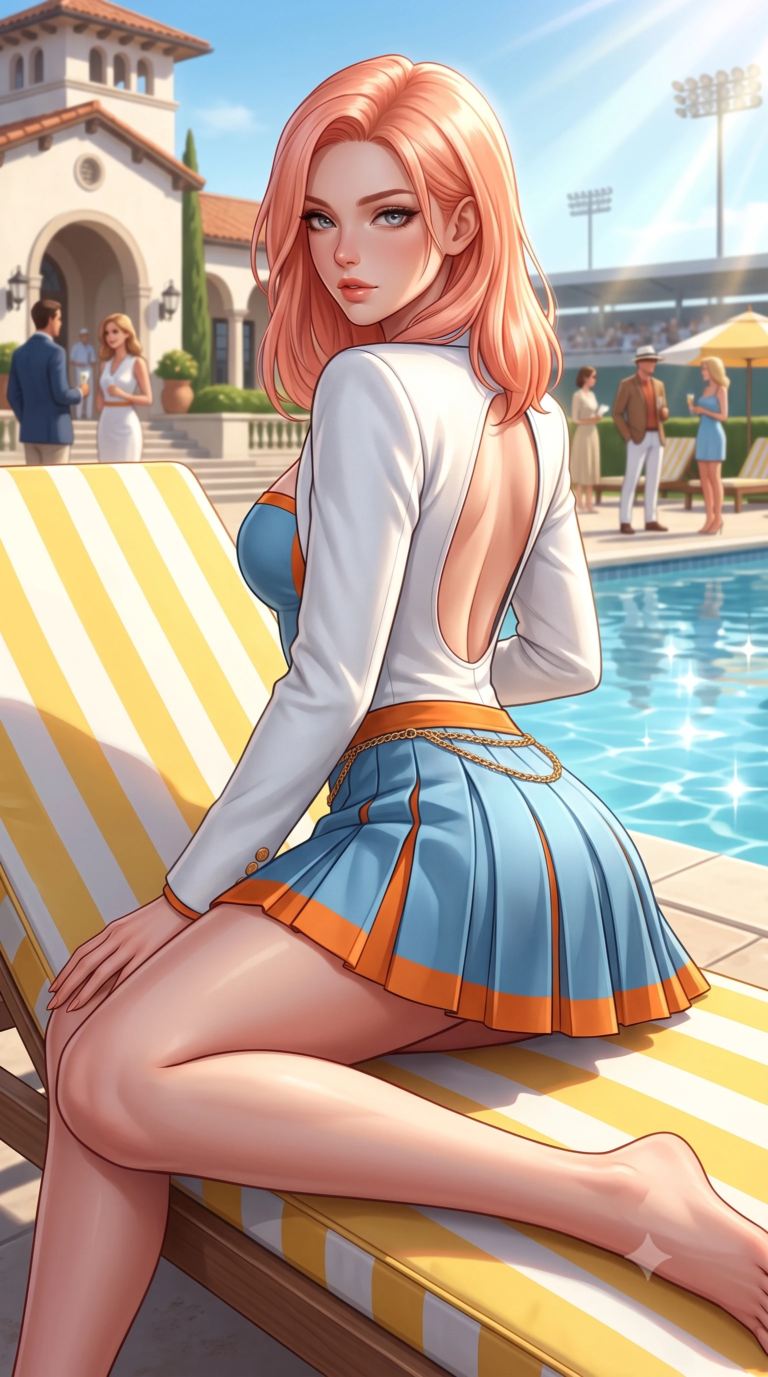 score_9, masterpiece, best quality, ultra-detailed, high-budget anime keyframe, semi-realistic 3D game render, editorial fashion photography, tasteful artistic composition, Japanese woman. close-up cowboy shot from the waist and thighs up, the character dominates the composition, filling the frame with her large presence. posing in an alluring rear three-quarter angle, turning over a bare shoulder with an intoxicating gaze, her hips cocked back to highlight her slim hourglass curve against the paddock lights while lounging across a yellow-and-white striped sun lounger with legs extended, her sporty old-money tennis outfit radiant in the sun. The surrounding environment is rendered in vivid detail and crisp panoramic clarity: detailed piqué polo texture, golden California sun on skin, and legendary country club architecture in razor-sharp precision. She has an exceptionally elegant, slender, and willowy female figure with an ultra-slim waist, flat toned midriff, narrow ribcage, and sculpted feminine hips creating an alluring, slim hourglass silhouette without bulk. sharp v-shaped jawline, high-bridge nose, sparkling eyes with athletic focus and depth, thick curled eyelashes, glossy parted lips with a natural coral-peach sheen, bright confident and coquettish smile with alluring bedroom-eyes, exuding both youthful sporty vigor and sovereign high-society glamour, flawlessly proportioned anatomical accuracy, strict slender model proportions, natural body alignment, perfectly sculpted long slender limbs, ultra-slim waistline, clean dynamic posture without body distortion. wearing a tailored white blazer worn open over a plunging racing bandeau top and pleated tennis micro-skirt in vintage Porsche Gulf blue and vibrant race orange, tailored from ultra-soft fine cashmere yarn with an airy athletic drape, accented with a delicate gold chain belt resting loosely on her curvy hips, the precision-cut side openings and low-back scoop framing her graceful spine and the sensual sweep of her slim, athletic hips. bathed in bright California afternoon sunbeams reflecting off sparkling pool water. highly saturated vibrant anime colors, detailed shading with soft gradients, rich glossy textures, high-contrast stereoscopic depth, volumetric dynamic lighting, master piece, 9:16 ratio