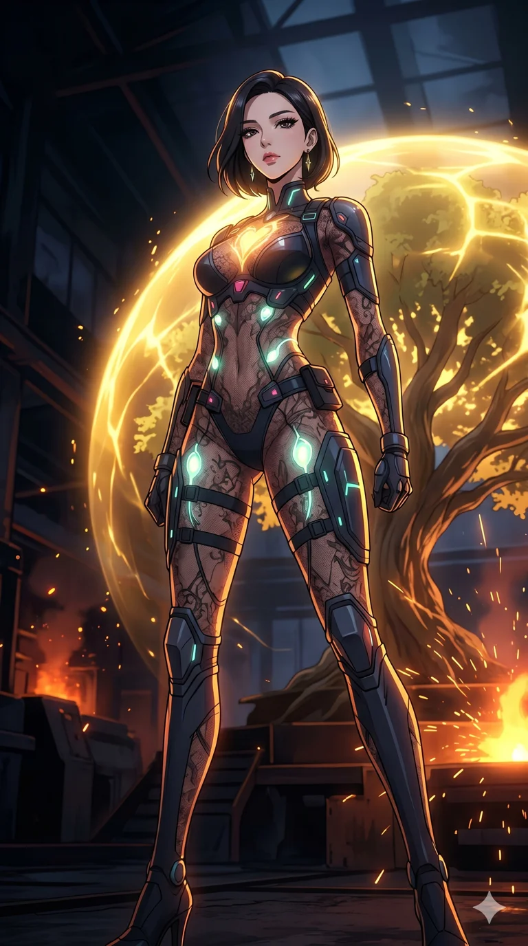 score_9, masterpiece, best quality, ultra-detailed, High-budget Anime Keyframe, vibrant colors, fluid line-art, expressive lighting, cinematic composition, Ufotable-style visual effects, top-tier animation quality, Korean woman with idol-like refined features. Cinematic low angle perspective showcasing her towering height and perfect 8-heads proportion. Protecting a sacred world-tree with her own life-force, a golden shield expanding from her heart to cover the forest. She has an absolutely perfect 8-heads proportion, an exceptionally tall and slender female figure with impossibly long slender legs and an ultra-slim waist, her statuesque height and towering silhouette dominating the vertical 9:16 frame. Her face is a masterpiece featuring a sharp v-shaped jawline, high-bridge nose, intricate jewel-like eyes with depth, thick eyelashes, and glossy lips with a natural sheen. She is wearing a Sheer lace catsuit with strategically placed armor plating and glowing energy nodes crafted from Bioluminescent silk that emits a soft, ethereal glow from within the fabric, with integrated neon-lit tactical gear and suggestive cutouts on the thighs. The scene is set in a gritty industrial factory with glowing molten metal, flying sparks, and deep shadows, illuminated by cinematic lighting with dramatic rim light that highlights her slender silhouette. 2k, ultra detail, master piece, 9:16 ratio