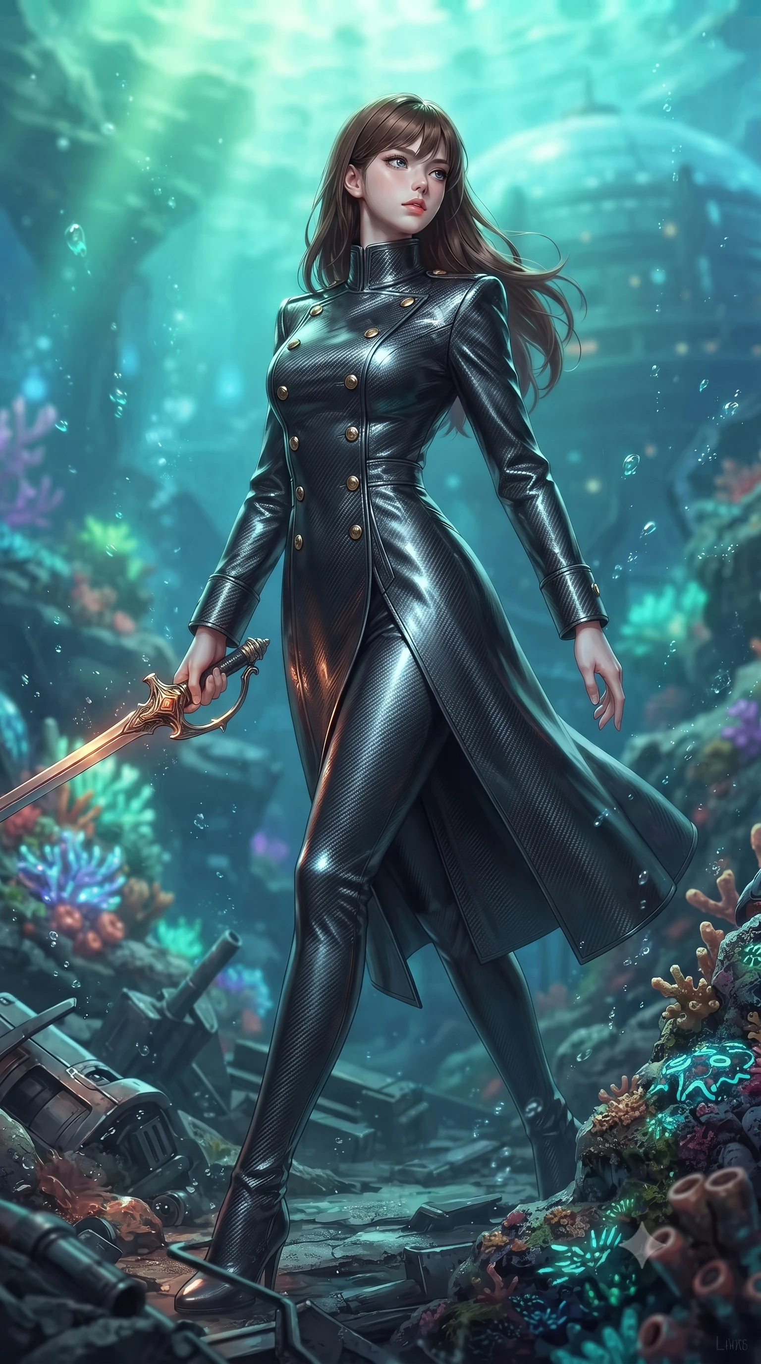 score_9, masterpiece, best quality, ultra-detailed, high-budget anime keyframe, editorial fashion photography, tasteful artistic composition, Korean woman. low angle full-body shot from head to toe showing her feet, filling the entire 9:16 vertical frame with her statuesque presence, stretching her vertical silhouette. stepping gracefully through battlefield debris with a glowing saber hilt in hand, looking back over her shoulder, the background shows a soft-focus a pressure-shielded deep-ocean dome surrounded by bioluminescent cyber-corals. She has an absolutely perfect, statuesque 8.5-heads proportion, an exceptionally tall and slender model-like female figure with impossibly long slender legs and an ultra-slim waist. sharp v-shaped jawline, high-bridge nose, intricate jewel-like eyes with depth, thick eyelashes, glossy lips with a natural sheen. wearing a slim-fit tailored carbon-weave military dress coat with double-breasted brass buttons and a stiff high-collar wrap. soft aqua and emerald light filtering through shifting deep-sea currents. ultra-reflective glossy finish, specular highlights, metallic sheen, high-contrast stereoscopic depth, volumetric dynamic lighting, 2k, ultra detail, master piece, 9:16 ratio