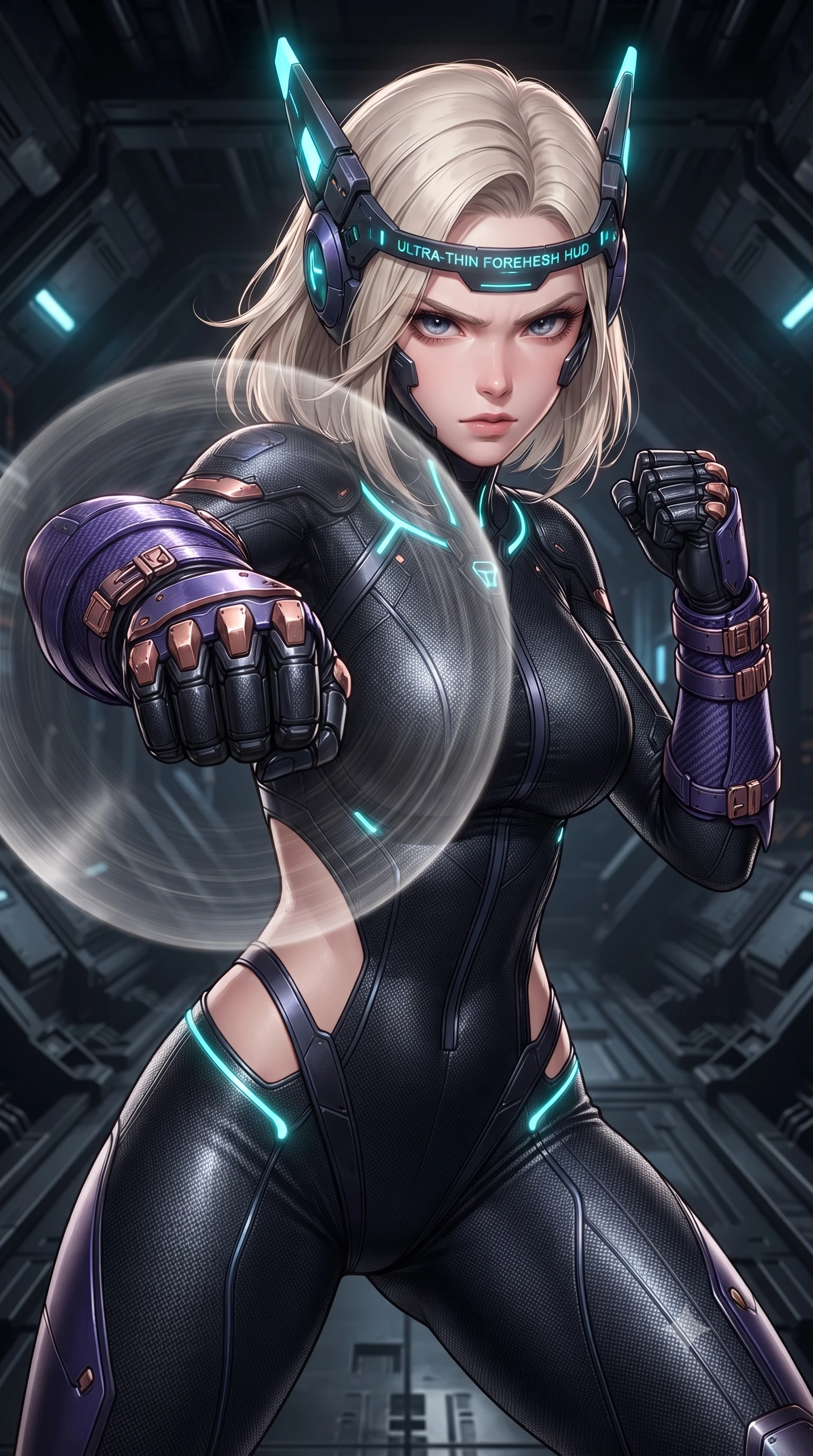 score_9, masterpiece, best quality, ultra-detailed, high-budget anime keyframe, editorial fashion photography, tasteful artistic composition, Caucasian woman. close-up cowboy shot from the waist and thighs up, the character dominates the composition, filling the frame with her large presence. thrusting a high-speed kinetic punch toward the camera, a visible conical shockwave distortion wrapping around her armored forearm while sliding into the bunker command nexus with arms raised in fluid kinetic readiness, eyes scanning the shadows with lethal focus. The surrounding environment is rendered in vivid detail and crisp panoramic clarity. intricate carbon-titanium armor hinges, steam condensation beads, and emergency siren LEDs in high clarity. She has an exceptionally elegant, slender, and willowy female figure with an ultra-slim waist, a gracefully sculpted slender torso, toned flat midriff, and a refined slim silhouette. sharp v-shaped jawline, high-bridge nose, intricate jewel-like eyes with depth, thick eyelashes, glossy lips with a natural sheen, fierce and resolute heroine expression, flawlessly proportioned anatomical accuracy, strict slender model proportions, natural body alignment, perfectly sculpted long slender limbs, ultra-slim waistline, clean dynamic posture without body distortion. wearing a lightweight carbon-fiber tactical sensory headpiece with glowing cyan ear-antennae and an ultra-thin forehead HUD brow-band, paired with a skin-tight dark carbon-weave combat bodysuit with glowing neon energy conduits and reinforced Damascus-pattern forearm strike guards in royal purple carbon fiber with distressed rose-gold hardware and buckles, tailored from flexible second-skin ballistic carbon-mesh adhering flawlessly to her athletic build, accented with glowing fiber-optic telemetry conduits tracing her collarbones and hip curves, the precision-cut daring openings accentuating her delicate midriff, graceful bare collarbones, and ultra-slim feminine waistline. surrounded by an unstoppable, royal, and fiercely triumphant lone survivor empress aura. ultra-reflective glossy finish, specular highlights, dark metallic sheen, high-contrast stereoscopic depth, volumetric dynamic lighting, 2k, ultra detail, master piece, 9:16 ratio