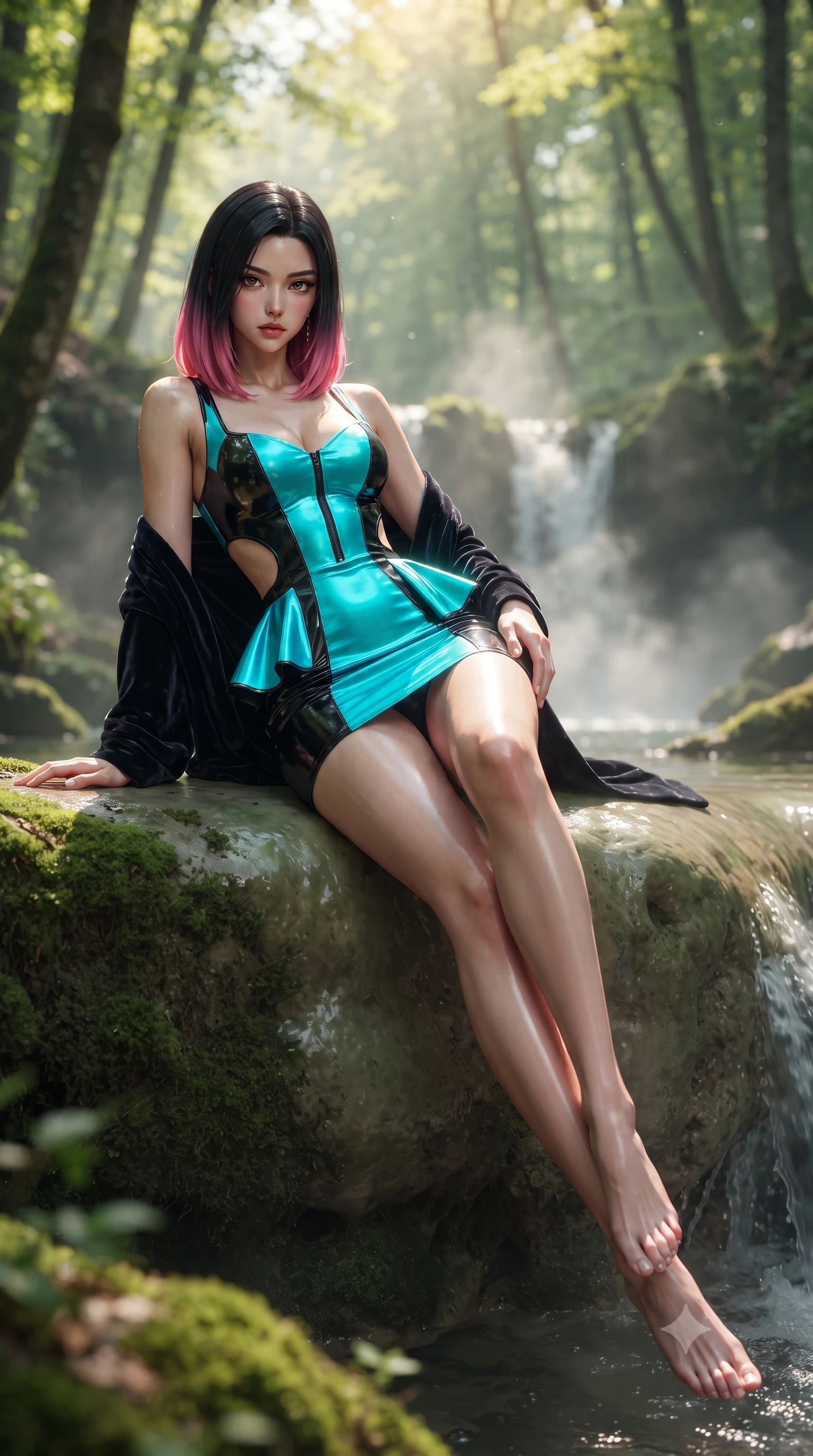score_9, masterpiece, best quality, ultra-detailed, high-budget anime keyframe, semi-realistic 3D game render, editorial fashion photography, tasteful artistic composition, Korean woman. low angle full-body shot from head to toe showing her feet, filling the entire 9:16 vertical frame with her statuesque presence, stretching her vertical silhouette. sitting perched on the elevated edge with hips angled toward the camera and legs crossed, displaying her toned midriff and flawlessly sculpted slender limbs while reclining on a smooth moss-covered limestone ledge propped on one elbow, her flat midriff and willowy curves bathed in dappled forest sunlight. The composition keeps background elements in soft focus with creamy bokeh. lush beech forest leaves and rising waterfall mist vapors softened in pristine nature shallow focus. She has an exceptionally tall and slender model-like 8.5-heads proportion, an ultra-slim waist, a flat toned midriff, narrow delicate ribcage, and beautifully sculpted feminine hips creating a graceful, slim hourglass silhouette without any bulky heaviness, with impossibly long slender legs. sharp v-shaped jawline, high-bridge nose, intricate jewel-like eyes with depth, thick eyelashes, glossy parted lips with a natural sheen, intensely captivating and seductive bedroom-eyes expression, flawlessly proportioned anatomical accuracy, strict slender model proportions, natural body alignment, perfectly sculpted long slender limbs, ultra-slim waistline, clean dynamic posture without body distortion. wearing a modern peplum corset dress with side-waist diamond cutouts and an ultra-tight silhouette in neon electric cyan and lacquer black, tailored from liquid silk jersey adhering flawlessly to her slender build, complemented by a plush velvet shawl draped loosely over her elbows, the glove-like aerodynamic silhouette tightly following the natural contour of her hips and long slender legs with statuesque 8.5-heads elegance. bathed in warm morning sunbeams filtering through the lush forest canopy onto the cascading falls. highly saturated vibrant anime colors, detailed shading with soft gradients, rich glossy textures, high-contrast stereoscopic depth, volumetric dynamic lighting, master piece, 9:16 ratio